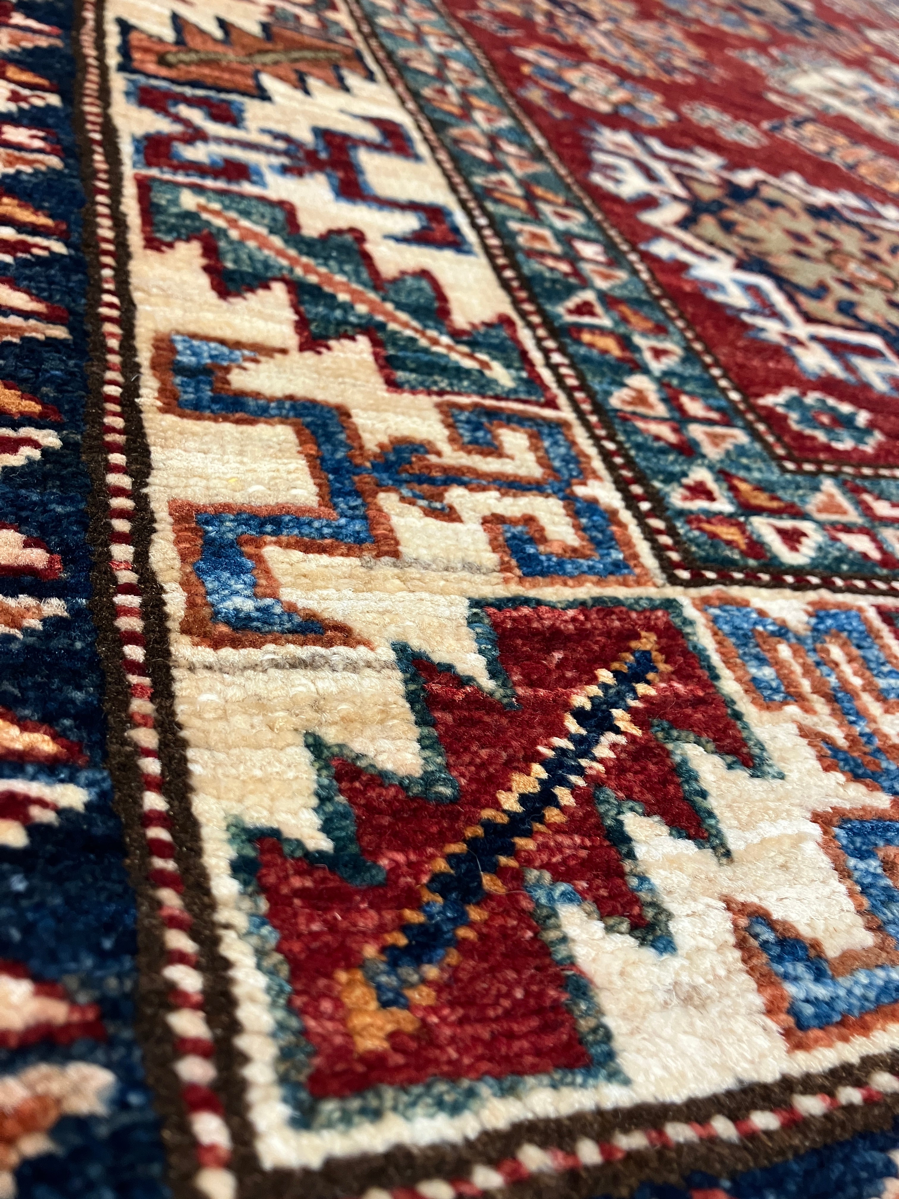 Super Kazak - 4' 00" x 5' 10" - Red Multicolor - Hand Knotted Wool Traditional Classic Super Kazak Rug