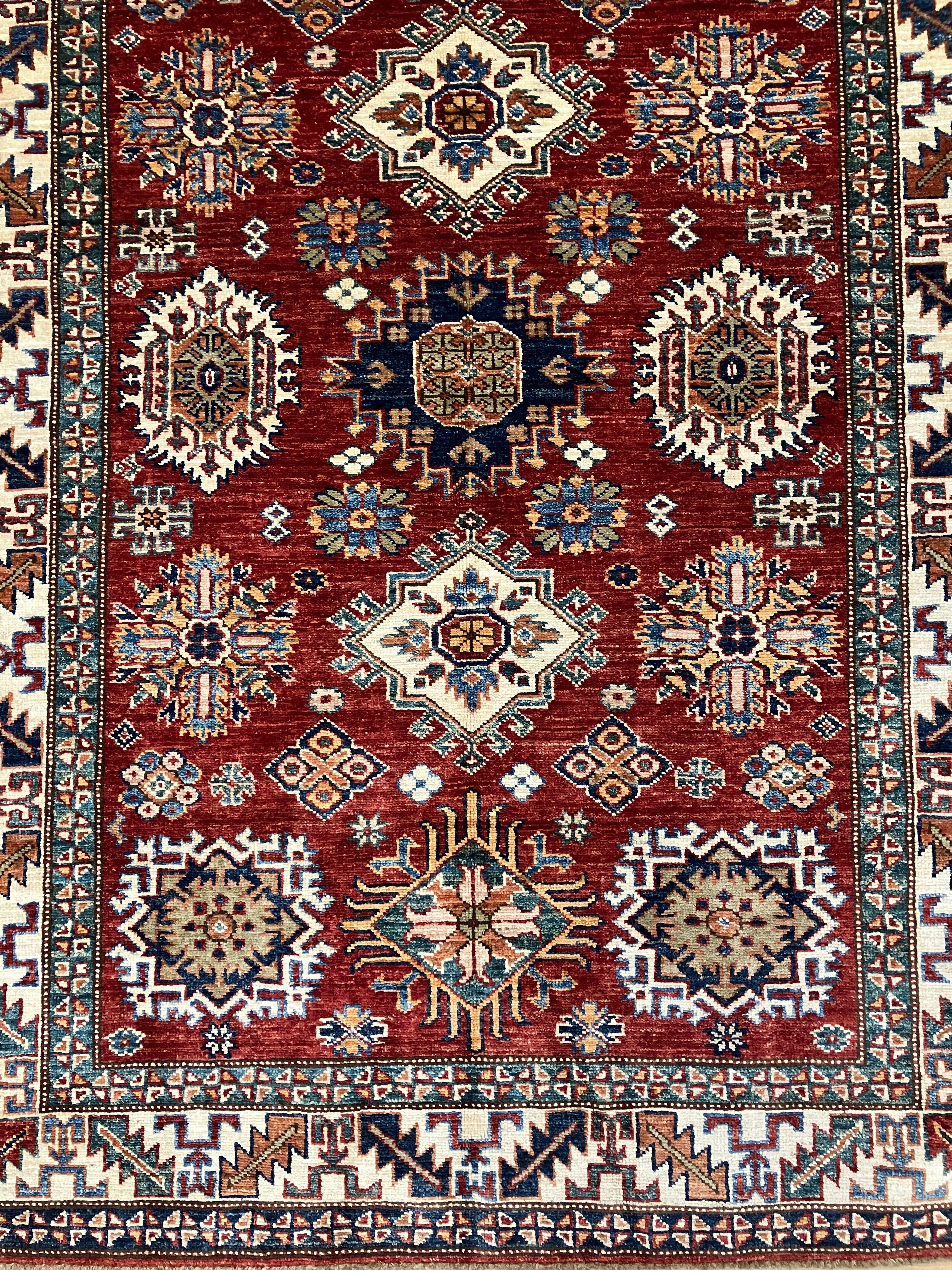 Super Kazak - 4' 00" x 5' 10" - Red Multicolor - Hand Knotted Wool Traditional Classic Super Kazak Rug