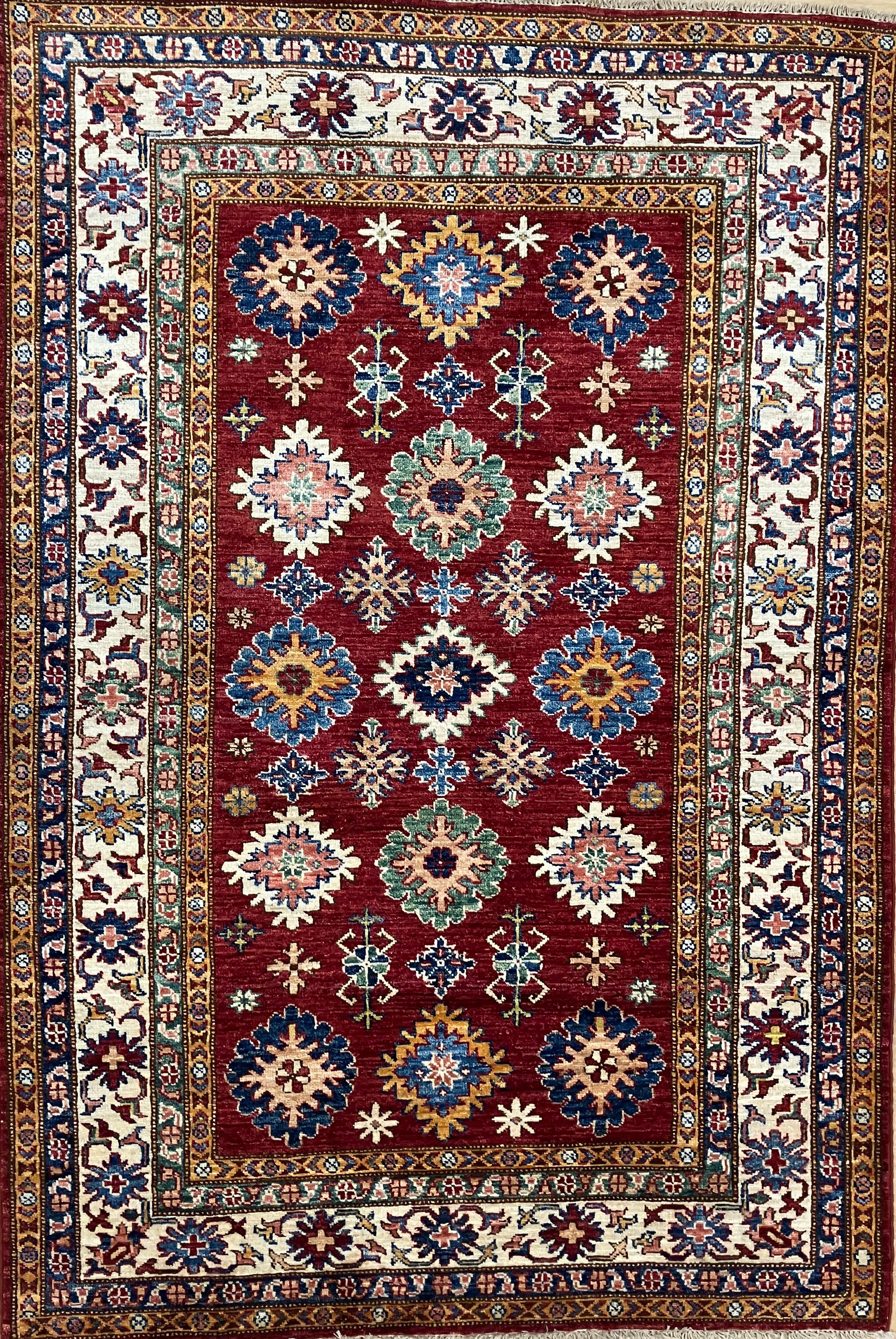 Super Kazak - 4' 00" x 5' 10" - Red Multicolor - Hand Knotted Wool Traditional Classic Super Kazak Rug