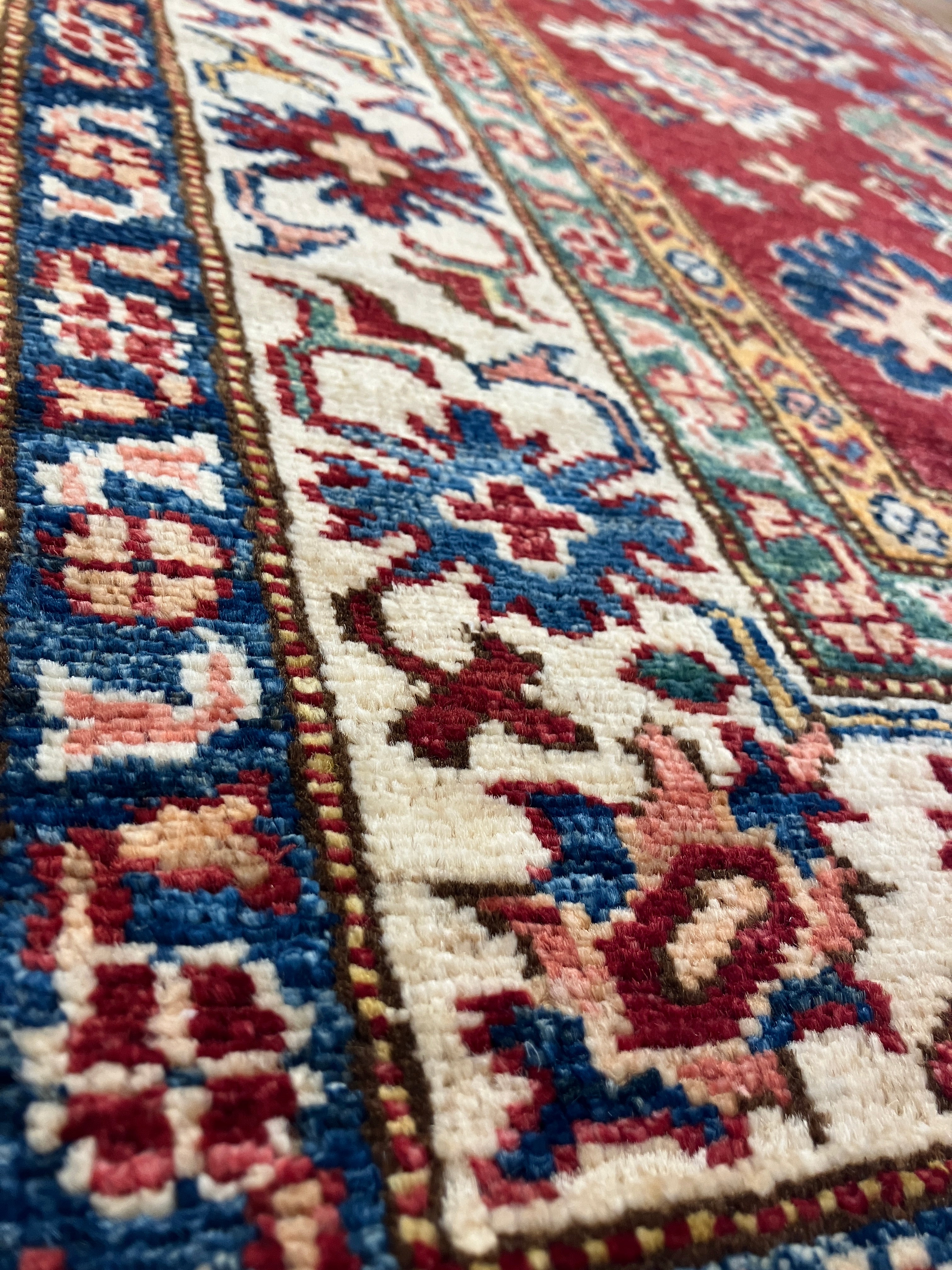 Super Kazak - 4' 00" x 5' 10" - Red Multicolor - Hand Knotted Wool Traditional Classic Super Kazak Rug