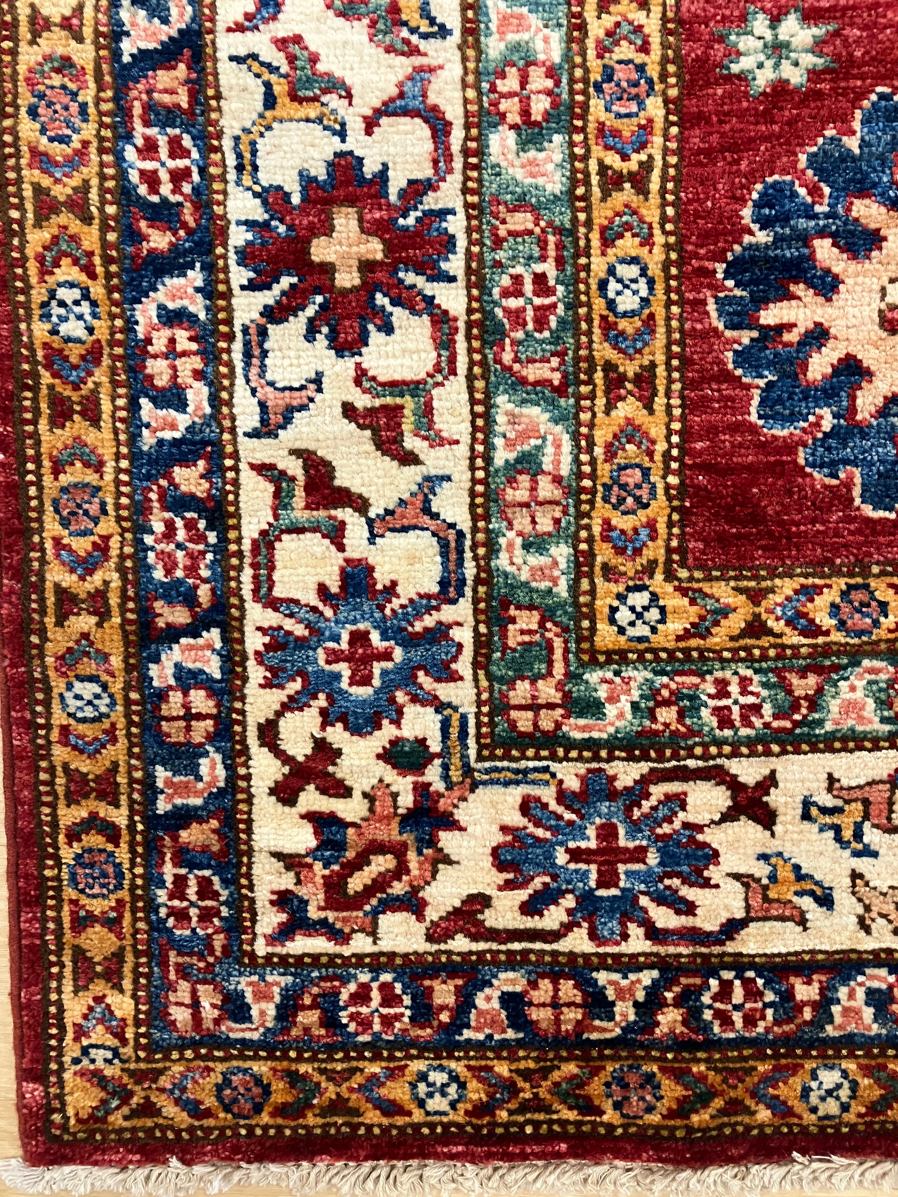 Super Kazak - 4' 00" x 5' 10" - Red Multicolor - Hand Knotted Wool Traditional Classic Super Kazak Rug