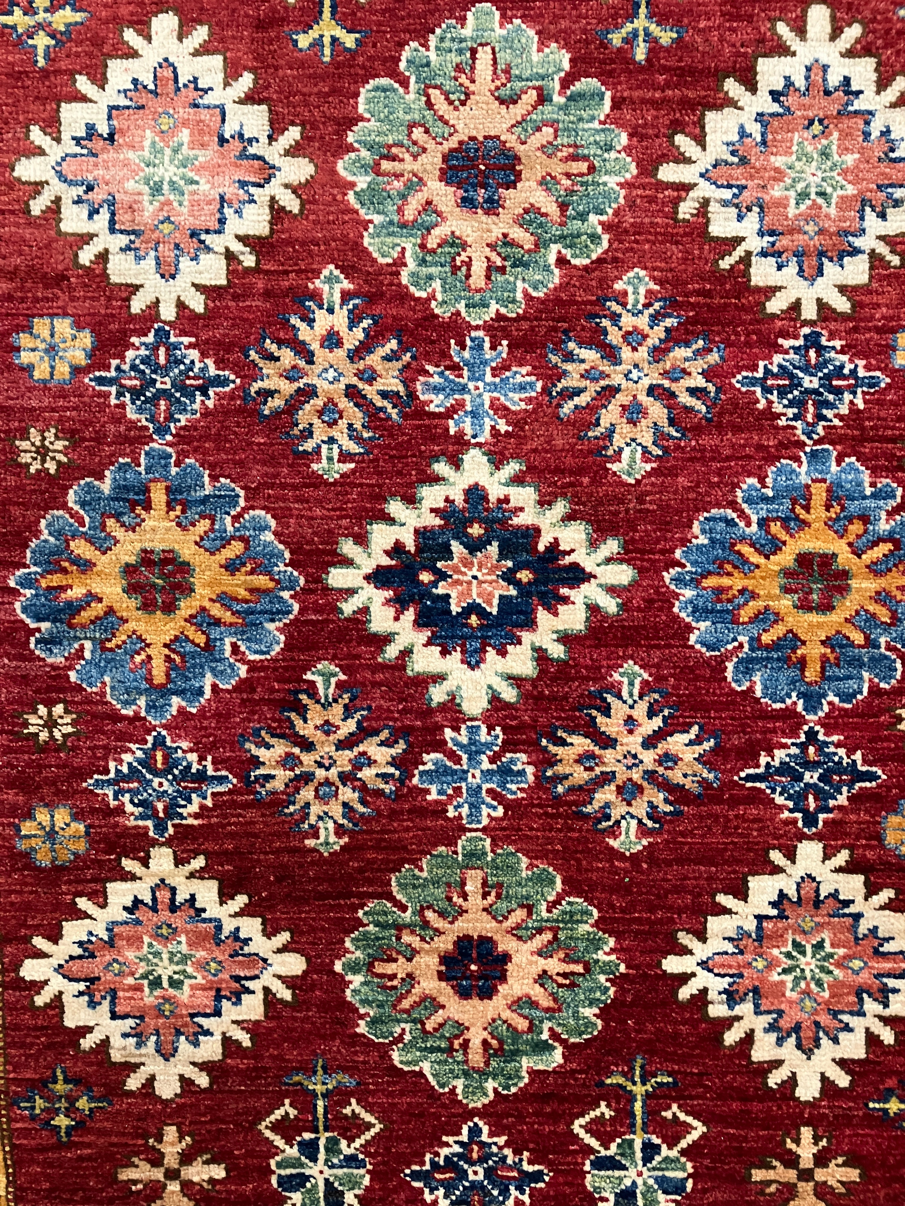 Super Kazak - 4' 00" x 5' 10" - Red Multicolor - Hand Knotted Wool Traditional Classic Super Kazak Rug