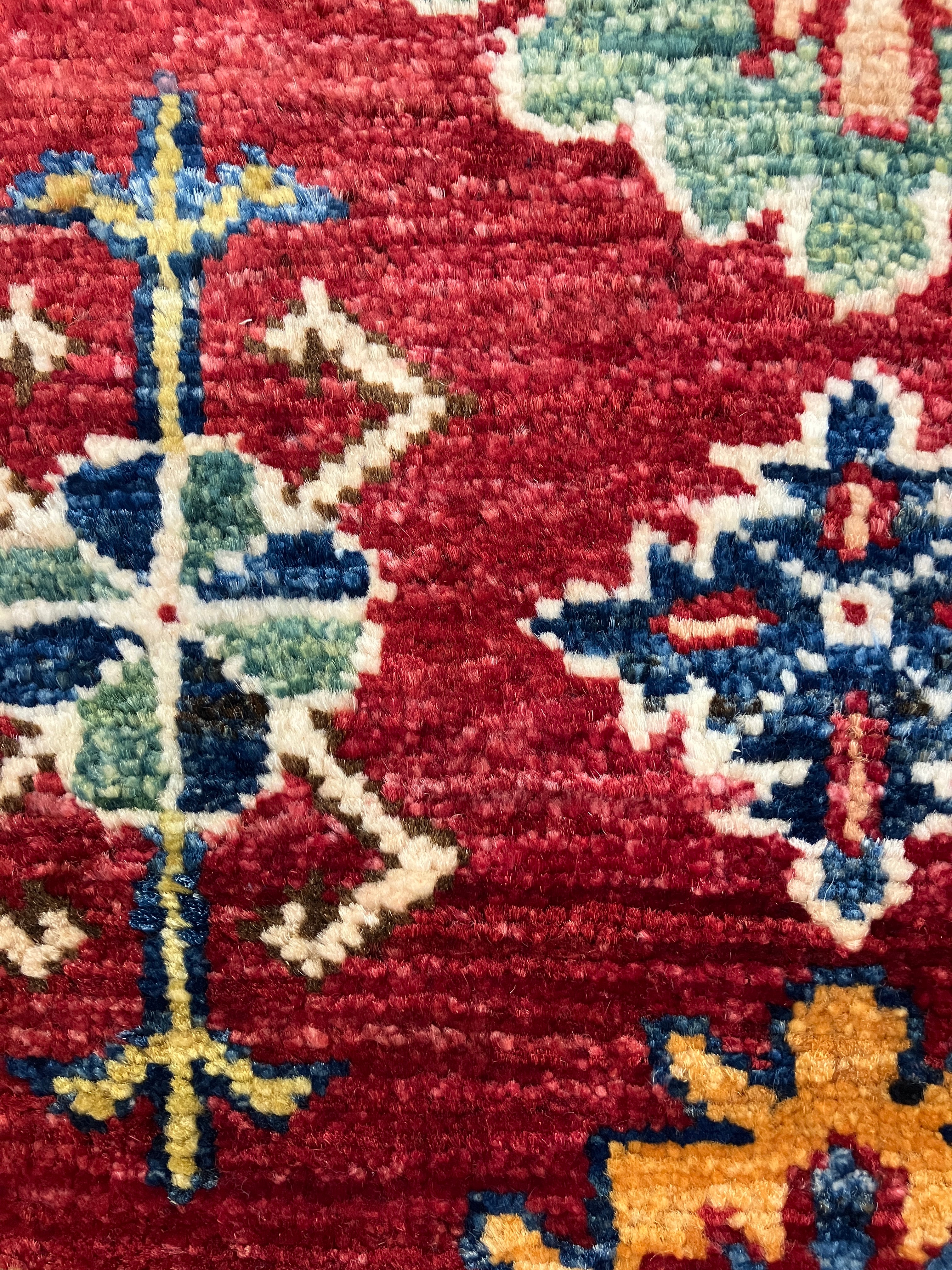 Super Kazak - 4' 00" x 5' 10" - Red Multicolor - Hand Knotted Wool Traditional Classic Super Kazak Rug
