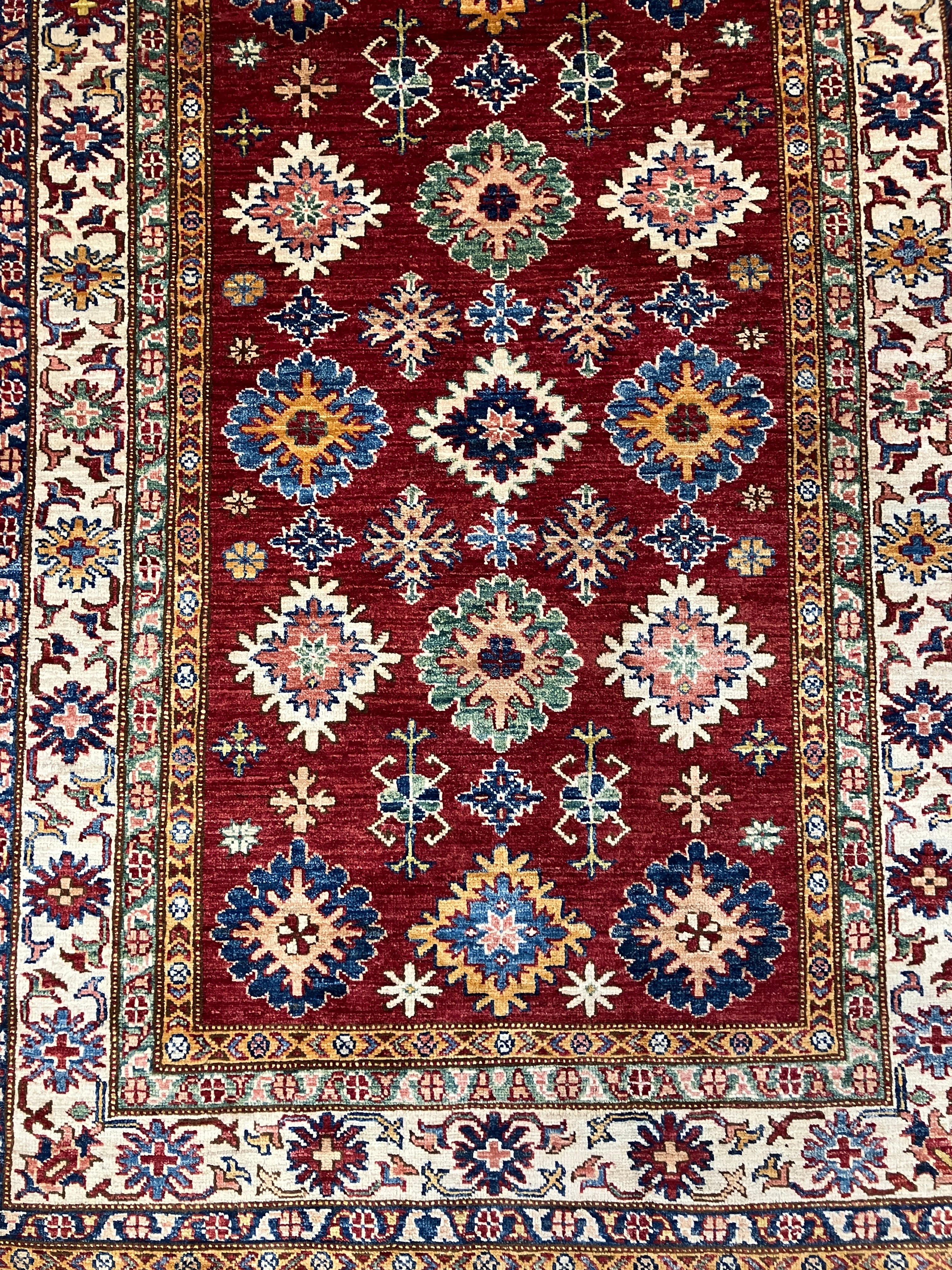 Super Kazak - 4' 00" x 5' 10" - Red Multicolor - Hand Knotted Wool Traditional Classic Super Kazak Rug