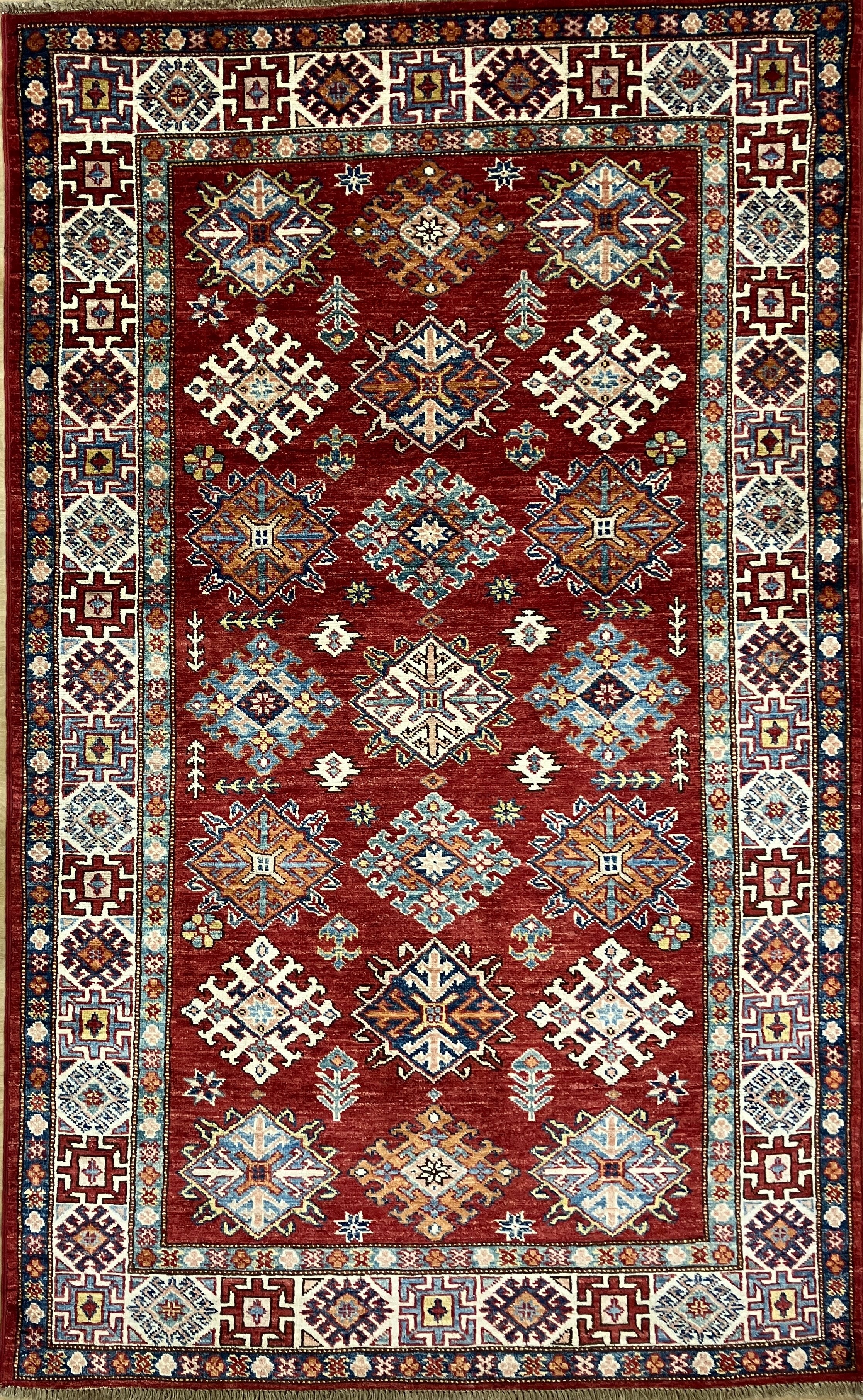 Super Kazak - 4' 00" x 6' 03" - Red Multicolor - Hand Knotted Wool Traditional Classic Super Kazak Rug