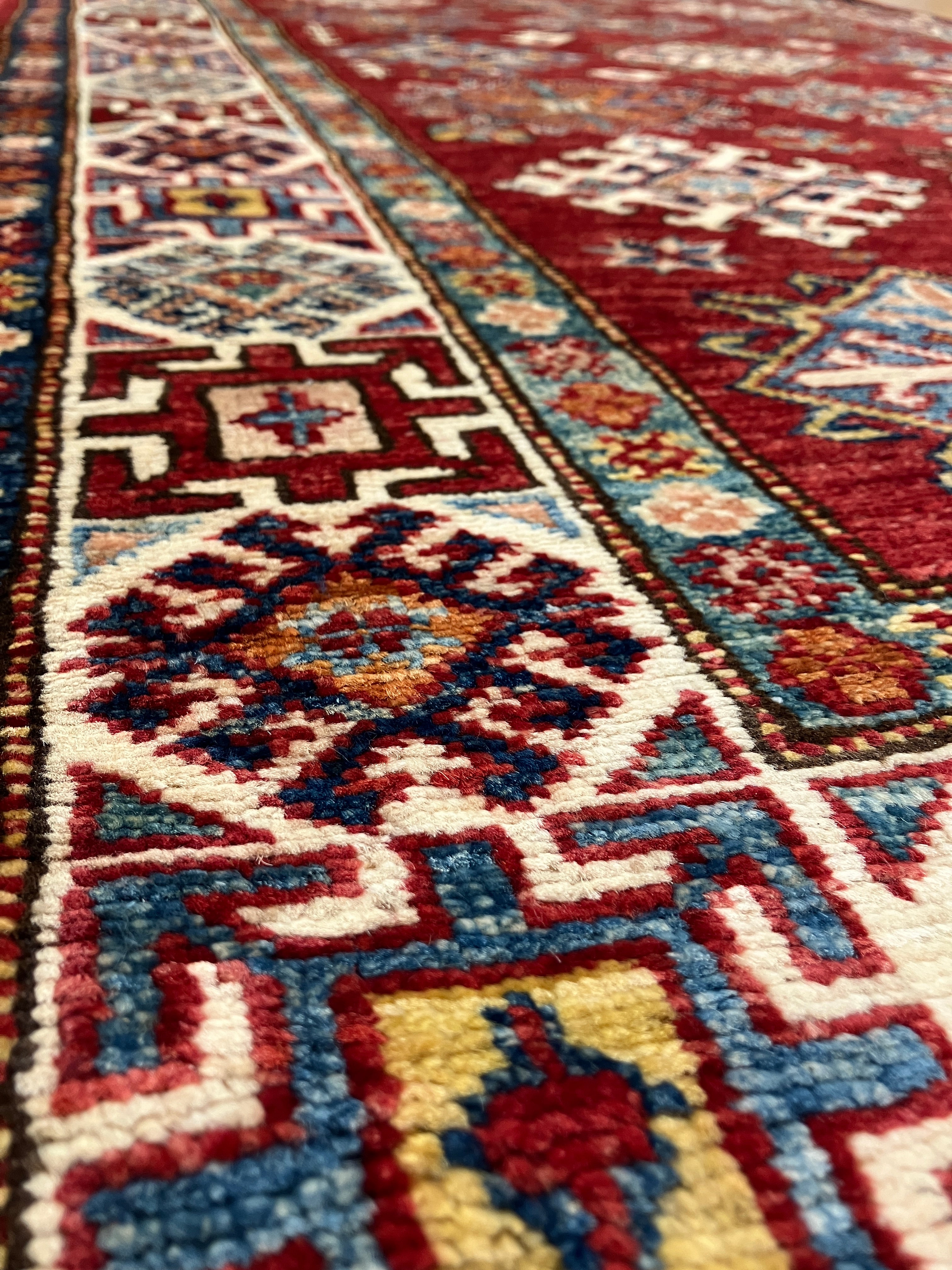 Super Kazak - 4' 00" x 6' 03" - Red Multicolor - Hand Knotted Wool Traditional Classic Super Kazak Rug