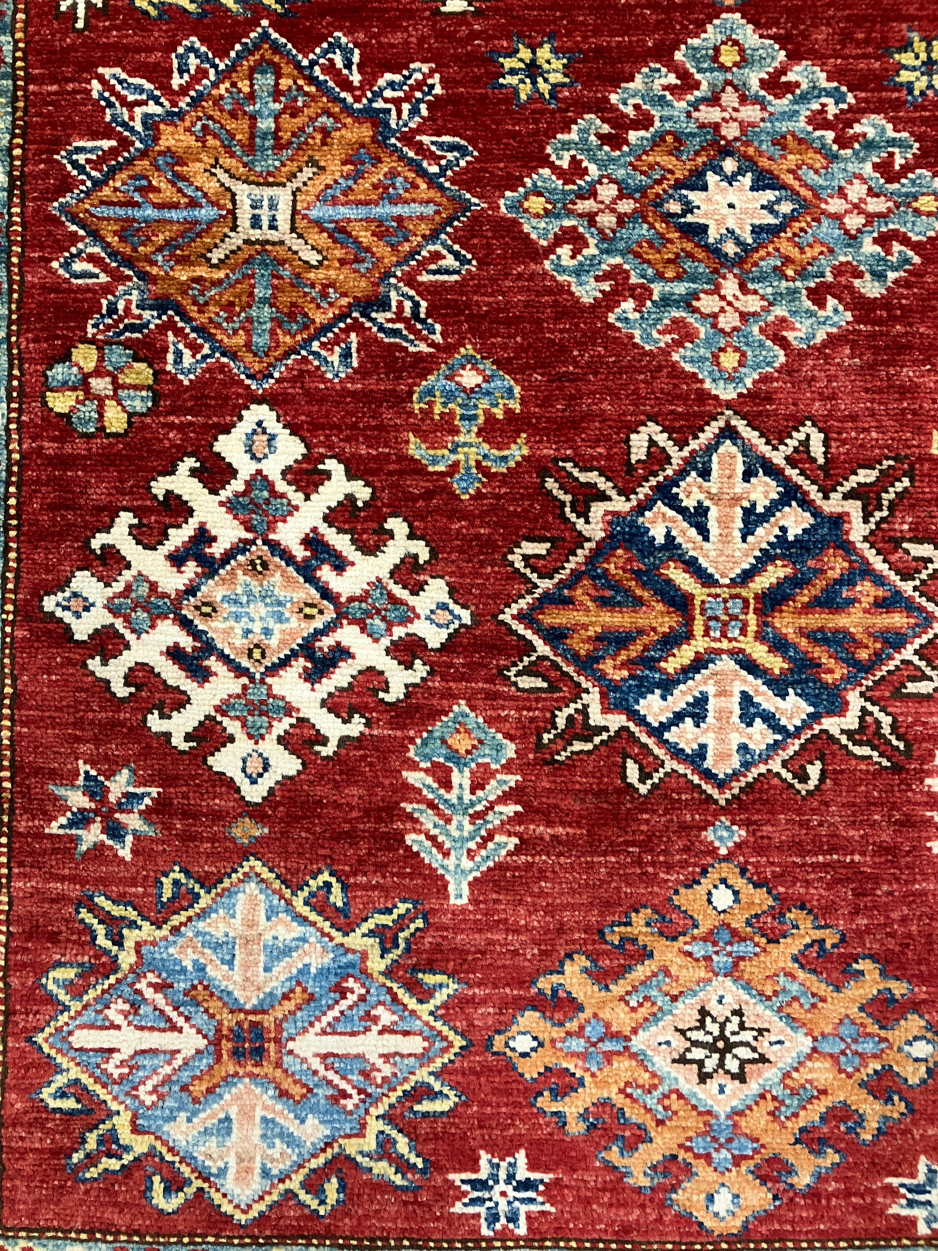 Super Kazak - 4' 00" x 6' 03" - Red Multicolor - Hand Knotted Wool Traditional Classic Super Kazak Rug
