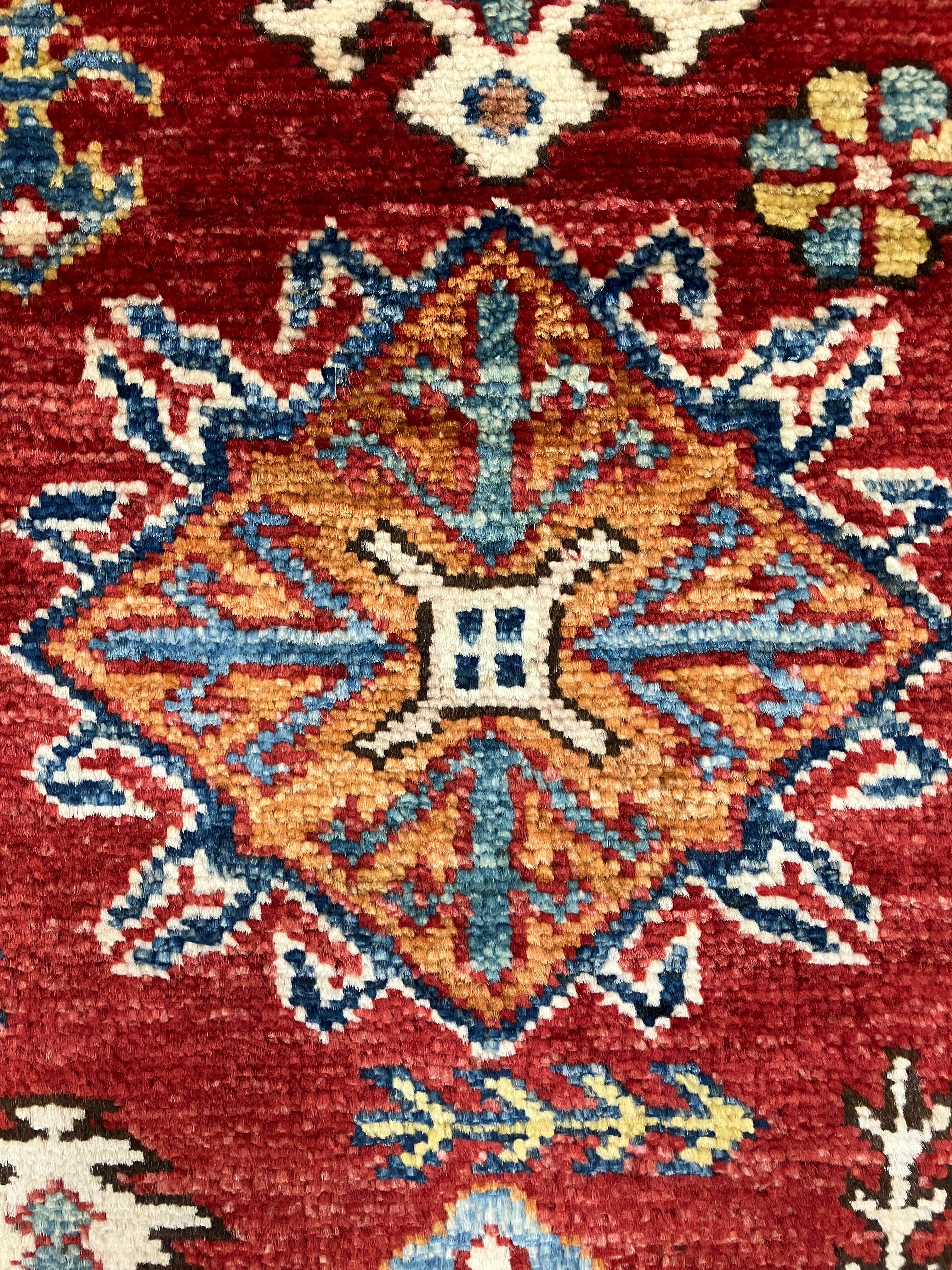 Super Kazak - 4' 00" x 6' 03" - Red Multicolor - Hand Knotted Wool Traditional Classic Super Kazak Rug