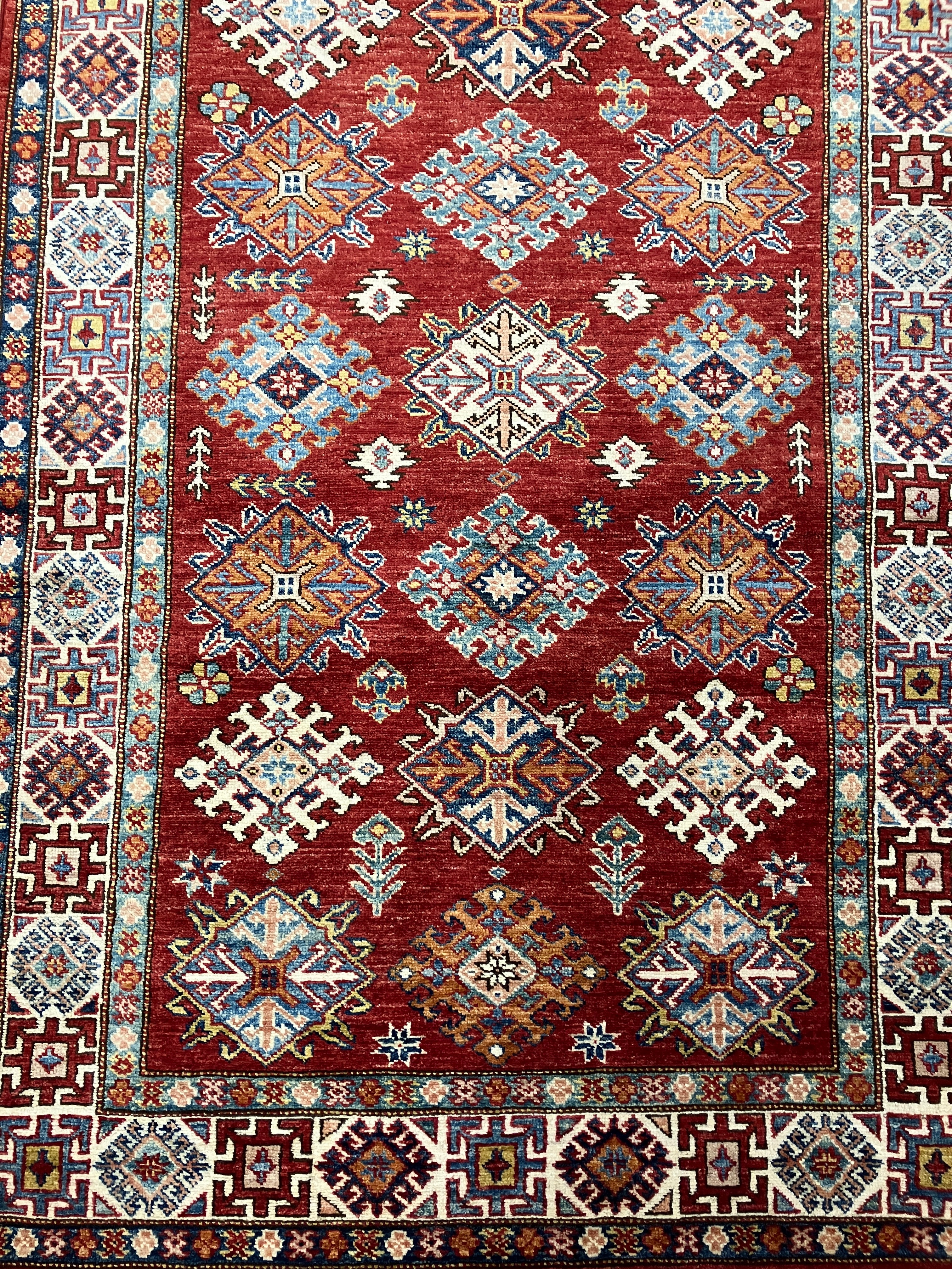 Super Kazak - 4' 00" x 6' 03" - Red Multicolor - Hand Knotted Wool Traditional Classic Super Kazak Rug