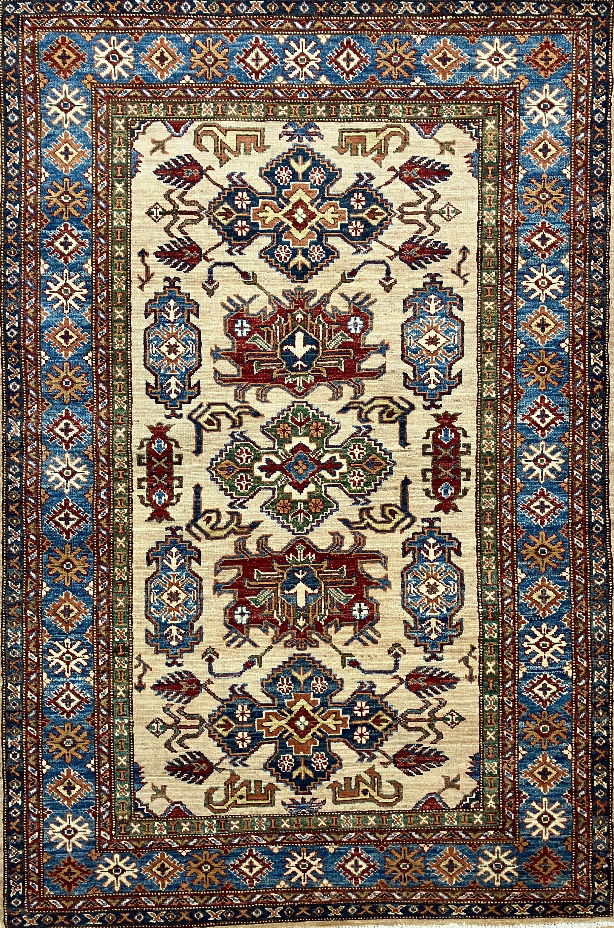 Super Kazak - 4' 00" x 6' 01" - Ivory Multicolor - Hand Knotted Wool Traditional Classic Super Kazak Rug