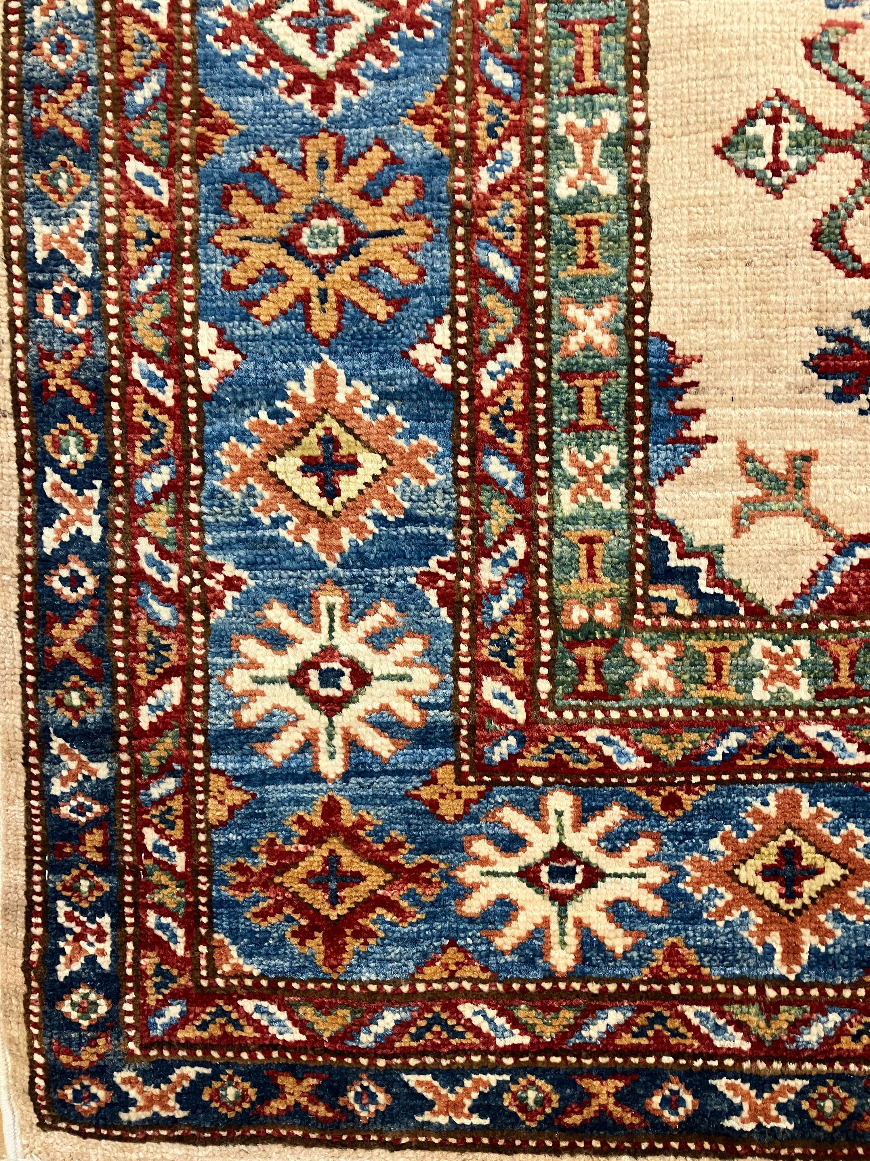 Super Kazak - 4' 00" x 6' 01" - Ivory Multicolor - Hand Knotted Wool Traditional Classic Super Kazak Rug