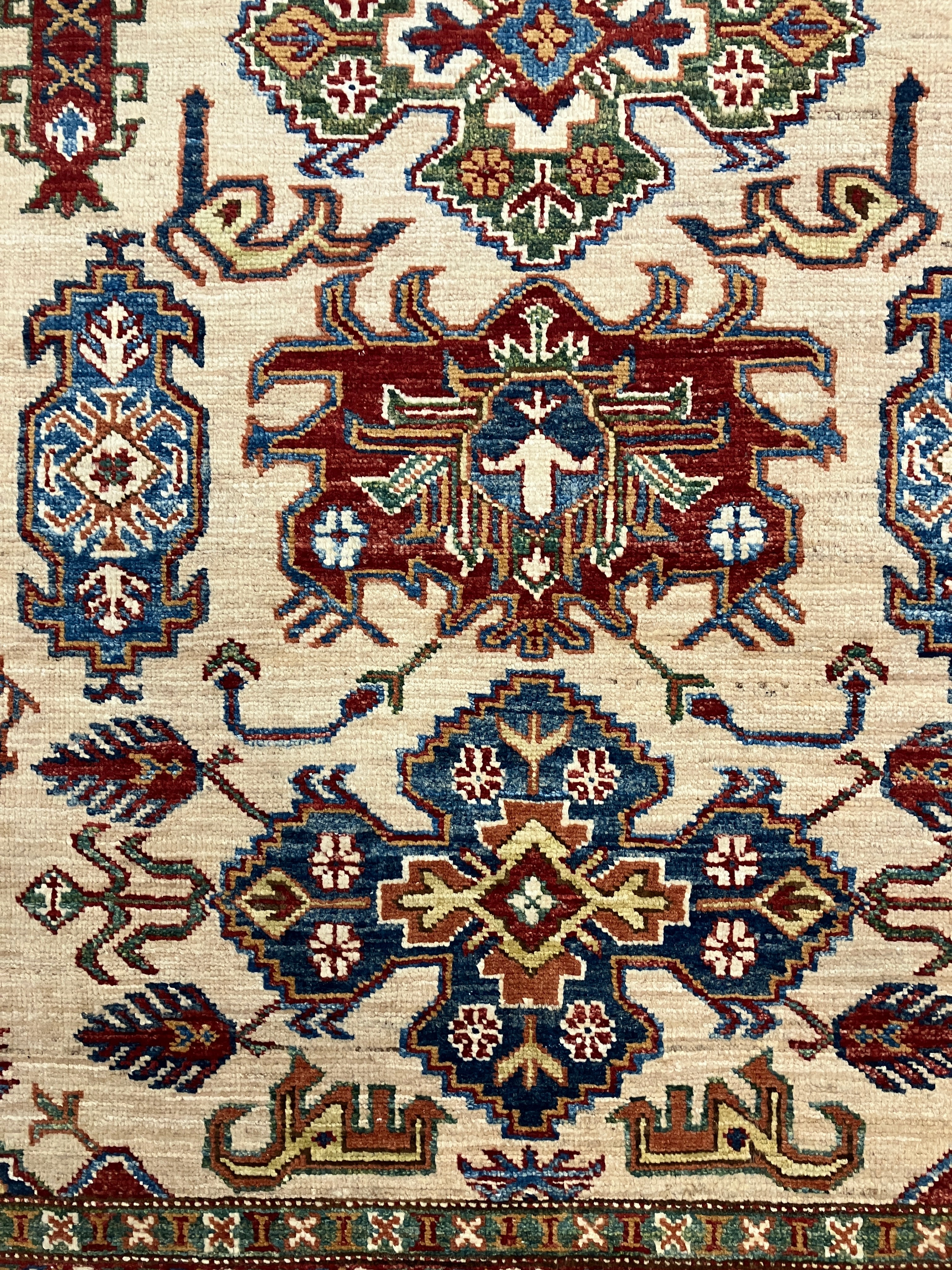 Super Kazak - 4' 00" x 6' 01" - Ivory Multicolor - Hand Knotted Wool Traditional Classic Super Kazak Rug