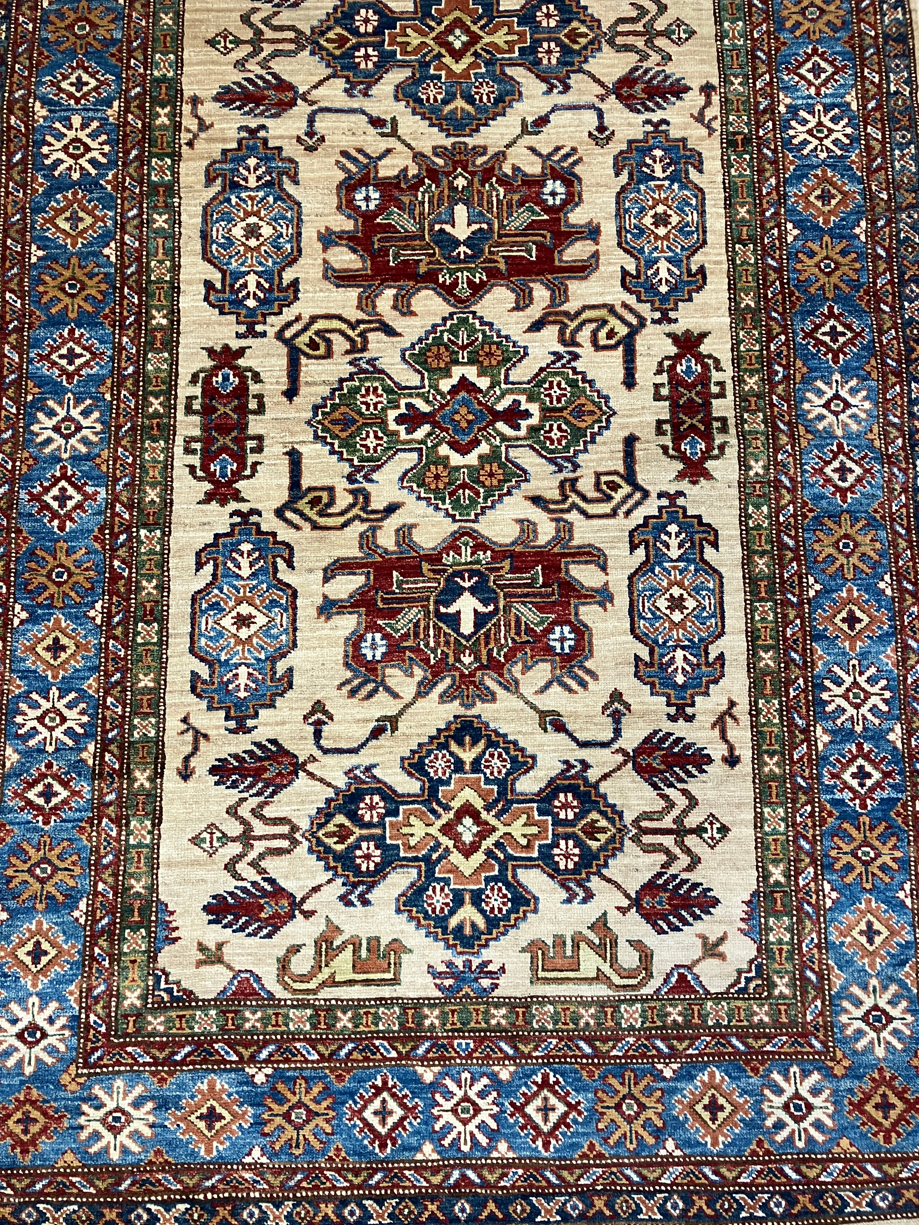 Super Kazak - 4' 00" x 6' 01" - Ivory Multicolor - Hand Knotted Wool Traditional Classic Super Kazak Rug