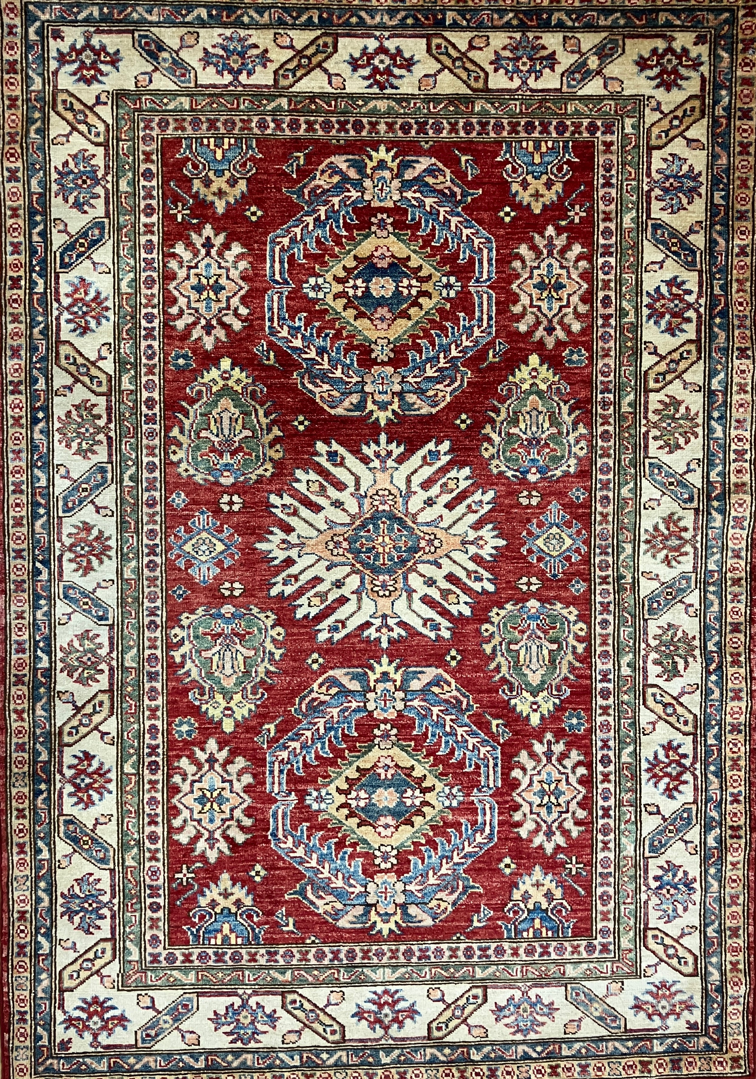 Super Kazak - 4' 03" x 6' 01" - Red Multicolor - Hand Knotted Wool Traditional Classic Super Kazak Rug
