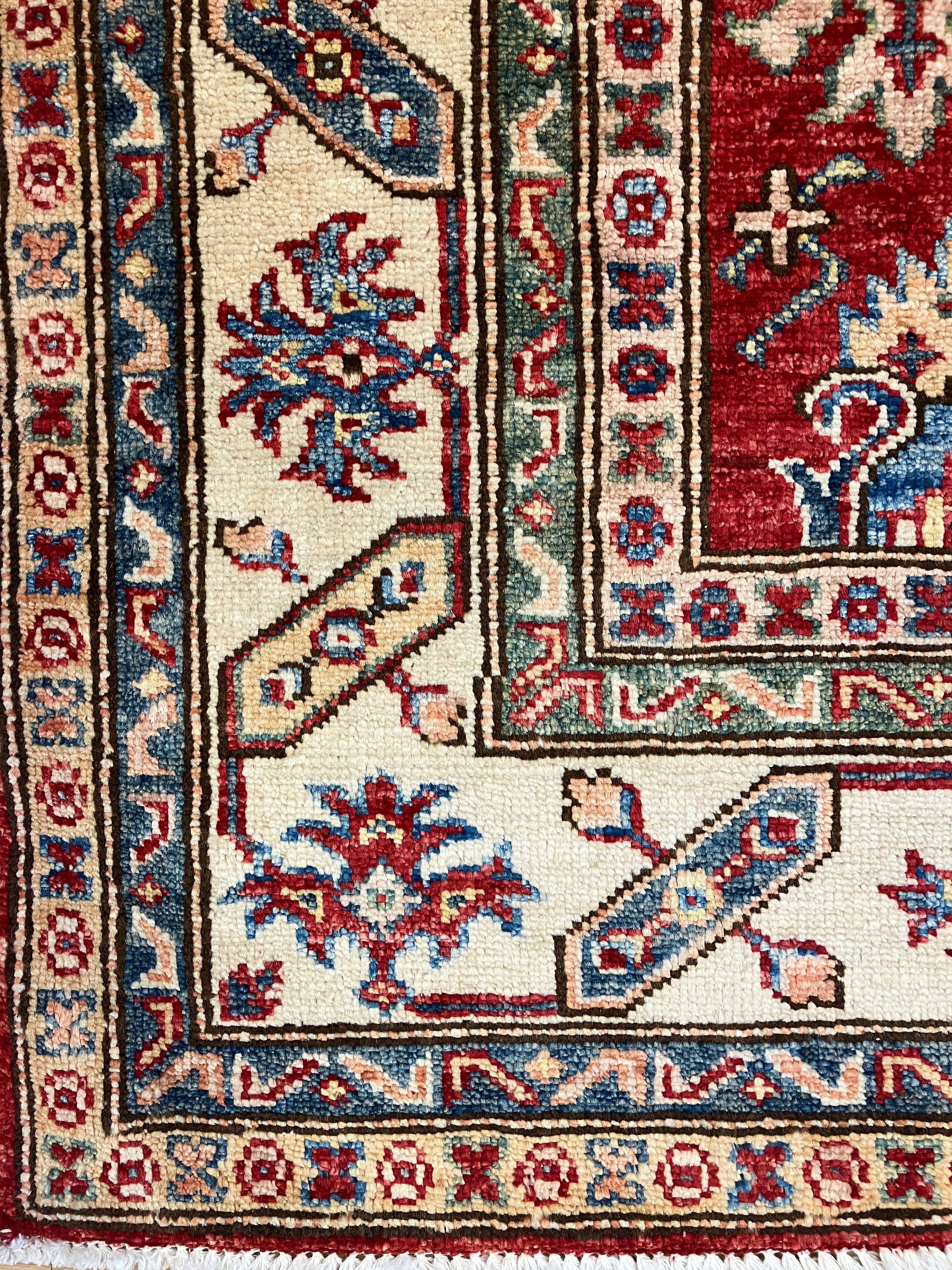 Super Kazak - 4' 03" x 6' 01" - Red Multicolor - Hand Knotted Wool Traditional Classic Super Kazak Rug