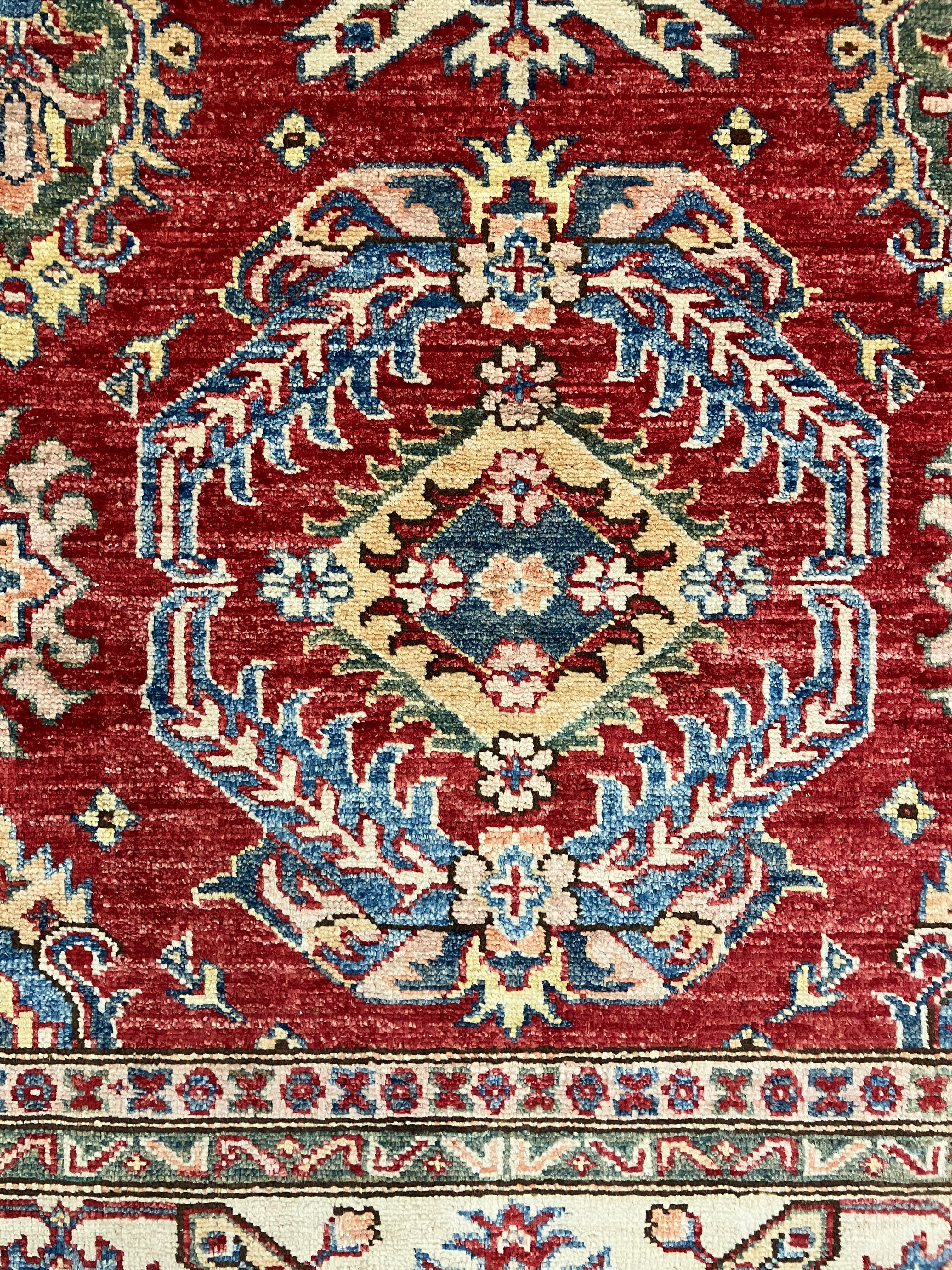 Super Kazak - 4' 03" x 6' 01" - Red Multicolor - Hand Knotted Wool Traditional Classic Super Kazak Rug