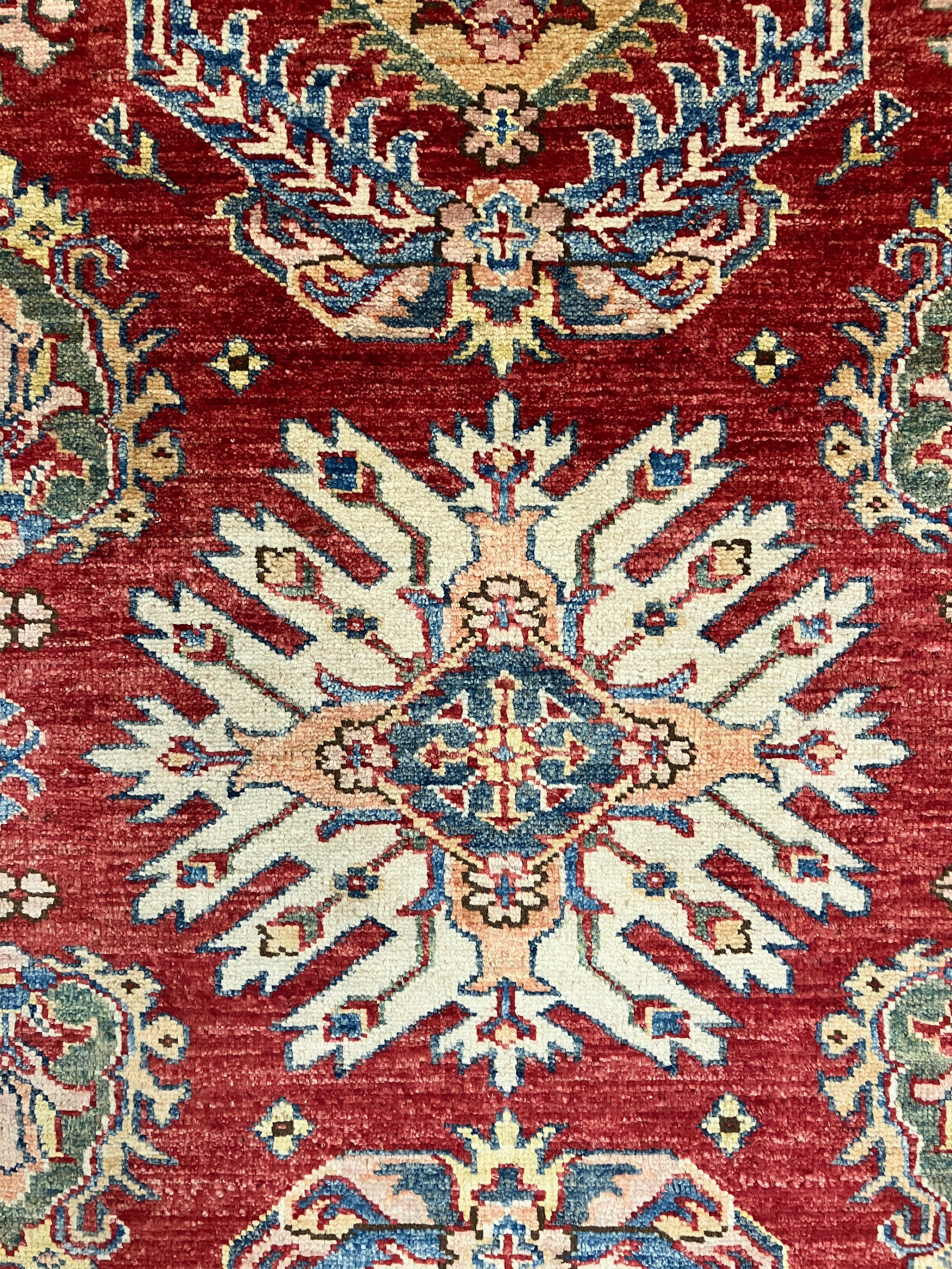 Super Kazak - 4' 03" x 6' 01" - Red Multicolor - Hand Knotted Wool Traditional Classic Super Kazak Rug