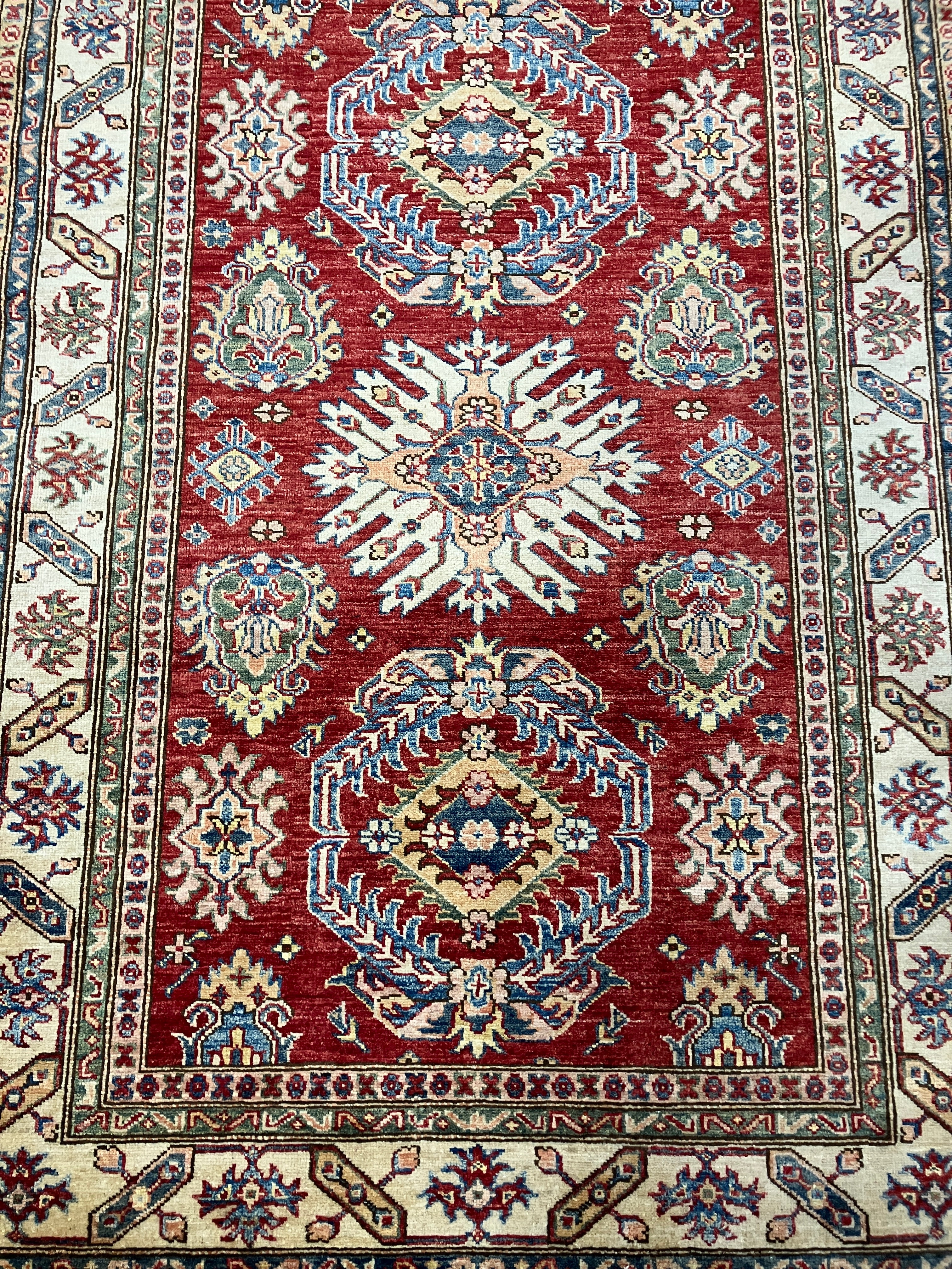 Super Kazak - 4' 03" x 6' 01" - Red Multicolor - Hand Knotted Wool Traditional Classic Super Kazak Rug