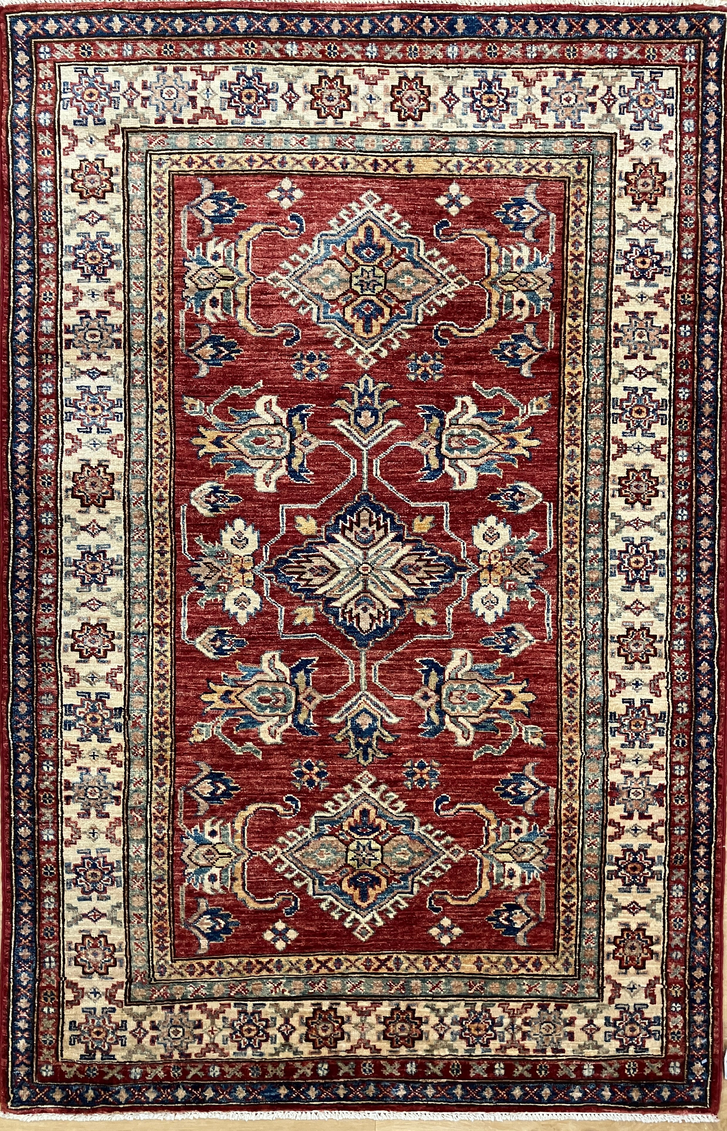 Super Kazak - 4' x 6' - Red Multicolor - Hand Knotted Wool Traditional Classic Super Kazak Rug
