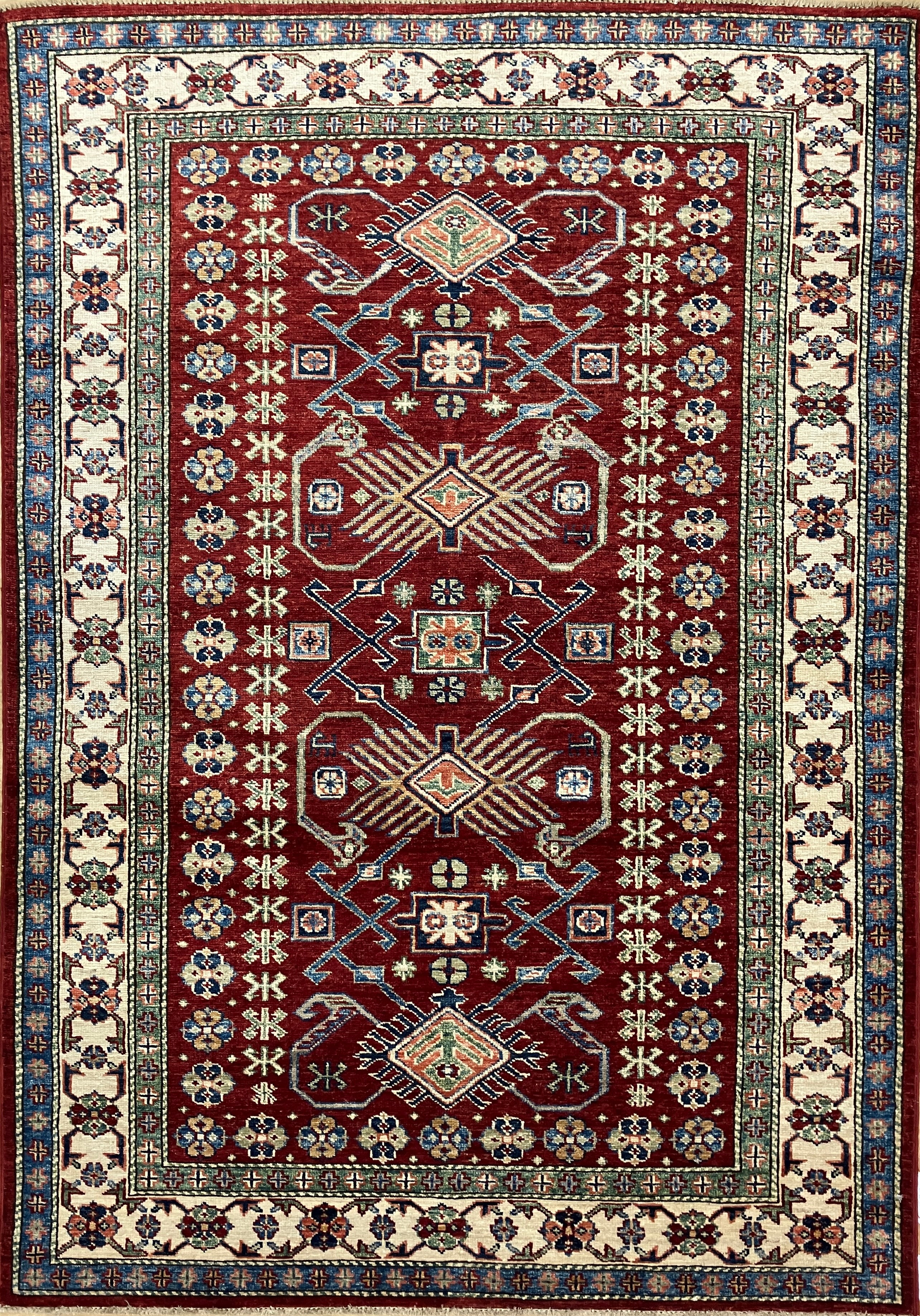 Super Kazak - 4' 00" x 5' 07" - Red Multicolor - Hand Knotted Wool Traditional Classic Super Kazak Rug