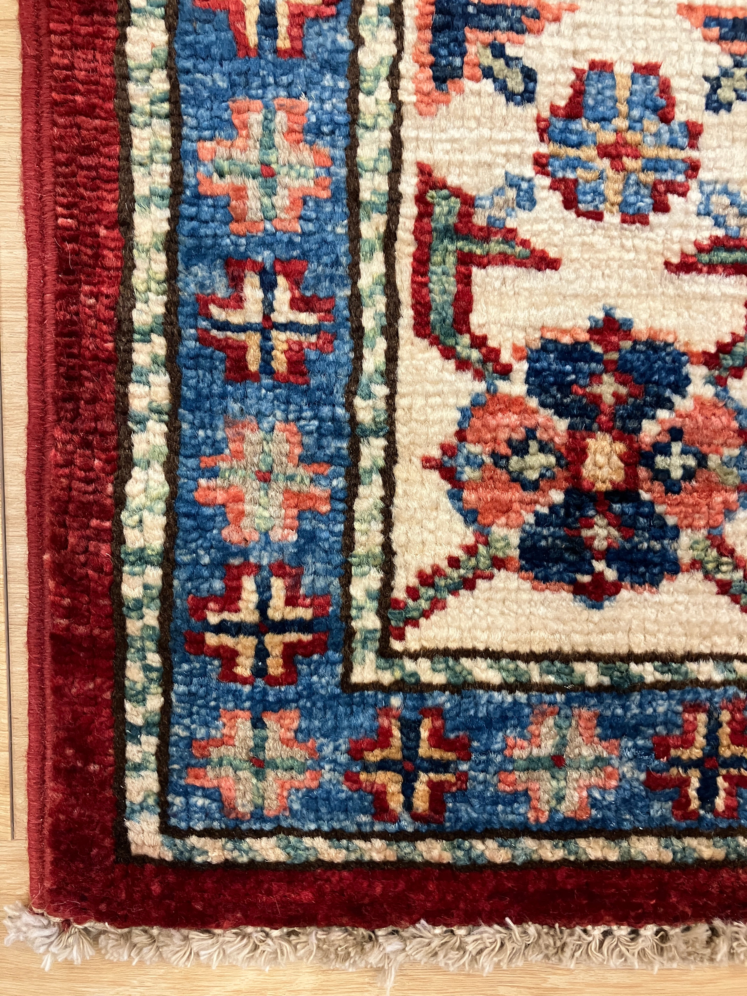 Super Kazak - 4' 00" x 5' 07" - Red Multicolor - Hand Knotted Wool Traditional Classic Super Kazak Rug