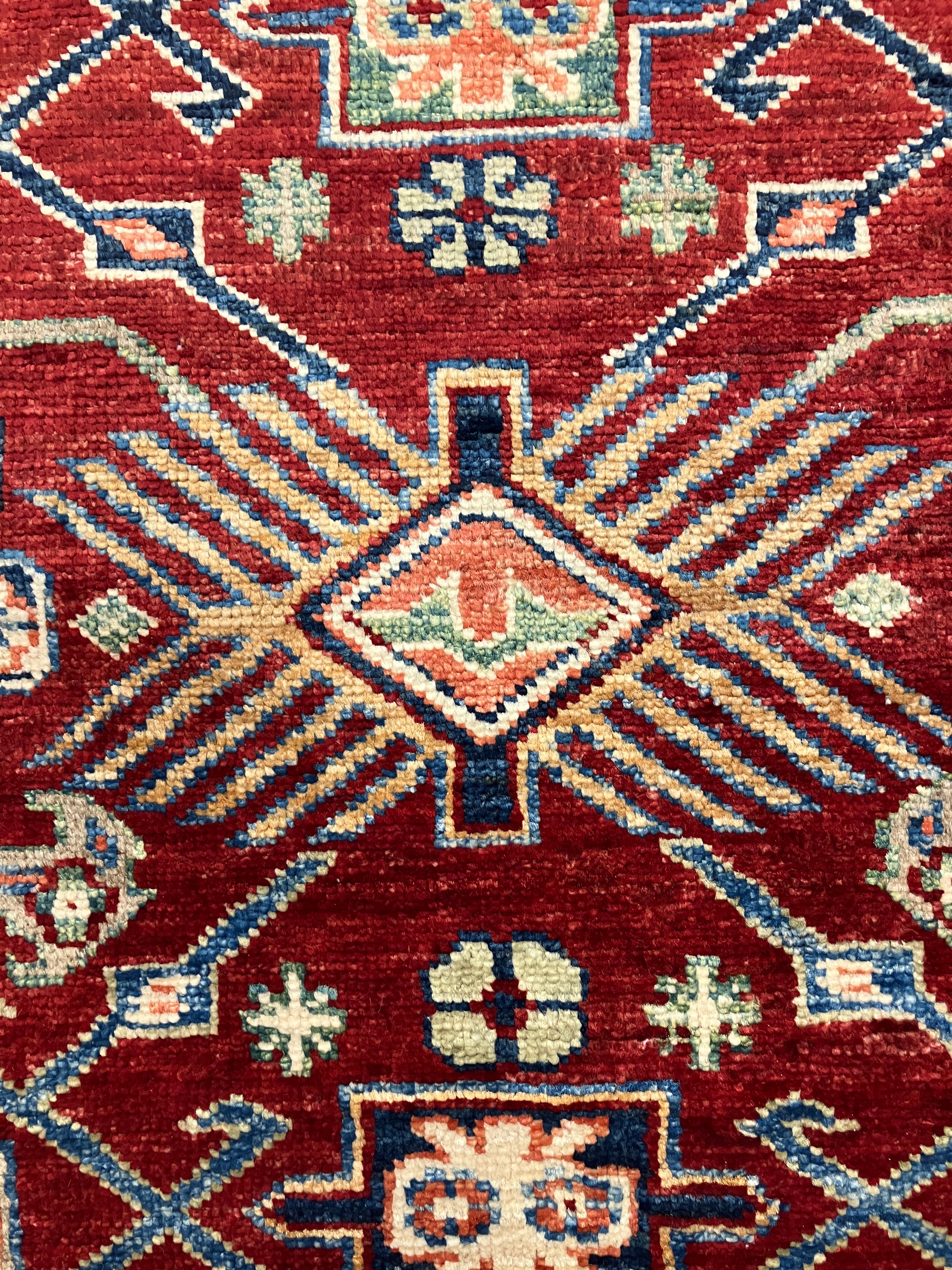 Super Kazak - 4' 00" x 5' 07" - Red Multicolor - Hand Knotted Wool Traditional Classic Super Kazak Rug