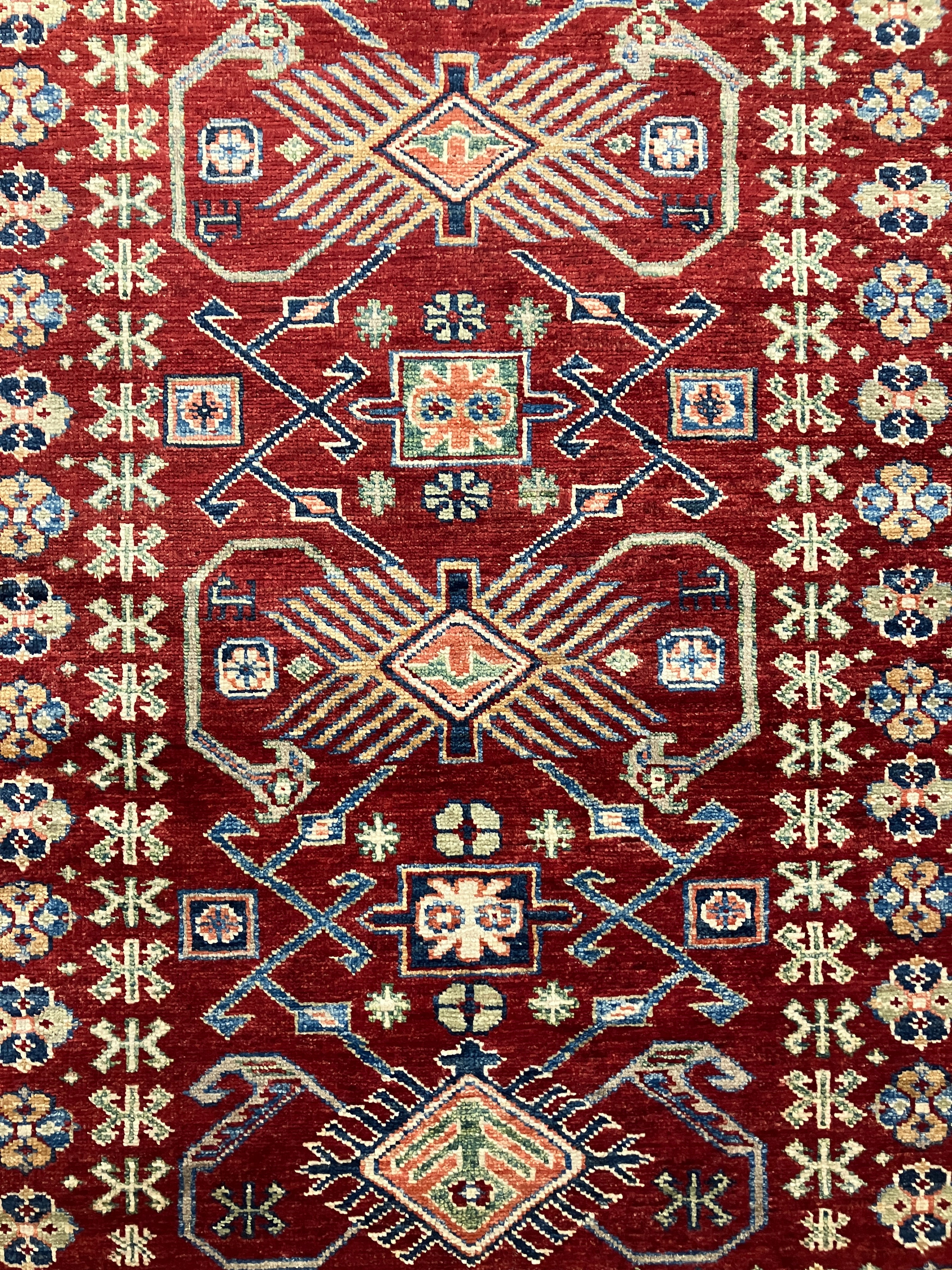 Super Kazak - 4' 00" x 5' 07" - Red Multicolor - Hand Knotted Wool Traditional Classic Super Kazak Rug