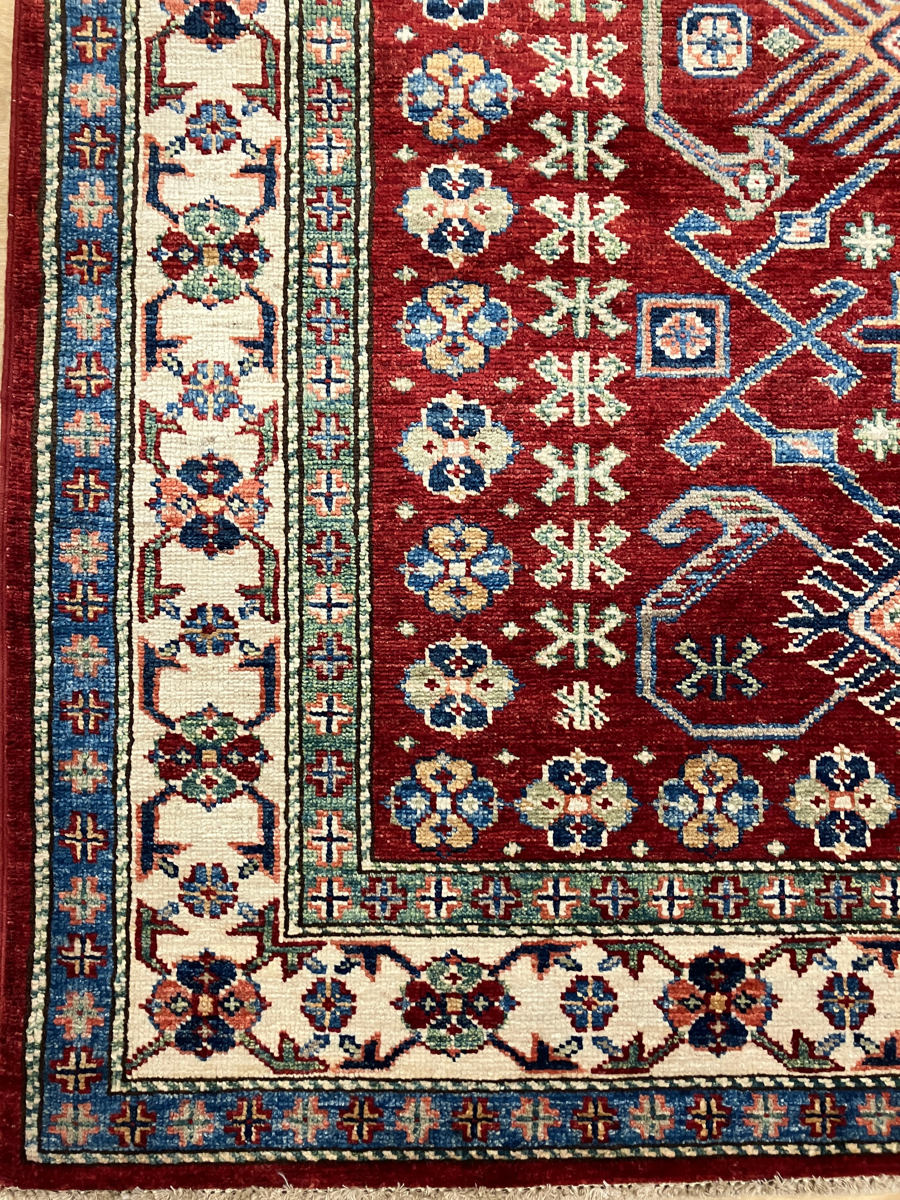 Super Kazak - 4' 00" x 5' 07" - Red Multicolor - Hand Knotted Wool Traditional Classic Super Kazak Rug