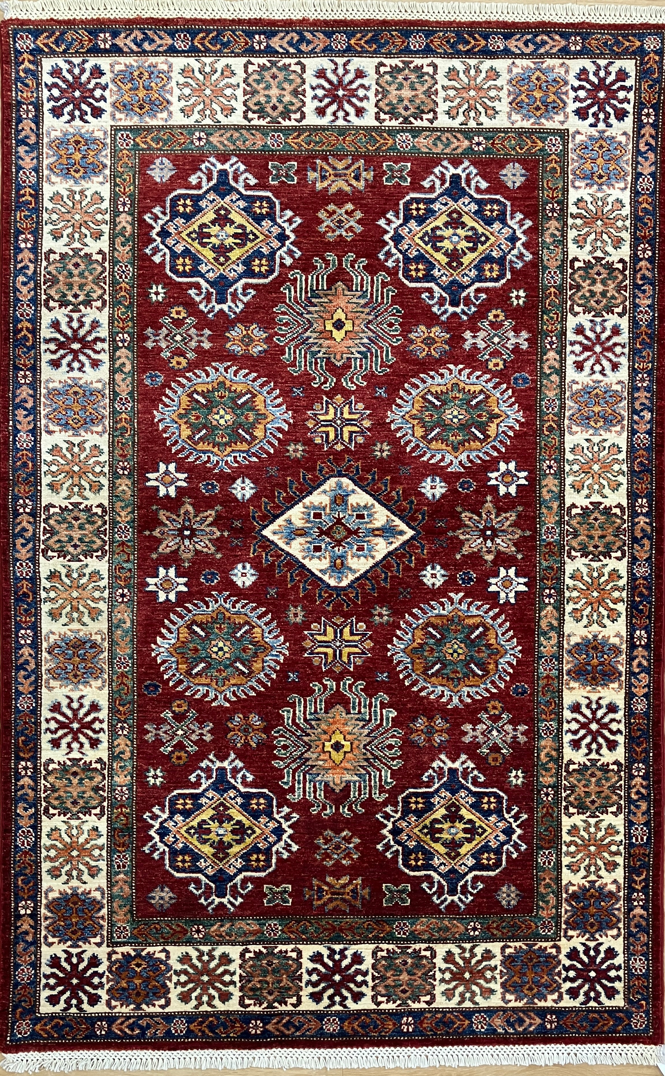 Super Kazak - 4' 00" x 6' 01" - Red Multicolor - Hand Knotted Wool Traditional Classic Super Kazak Rug