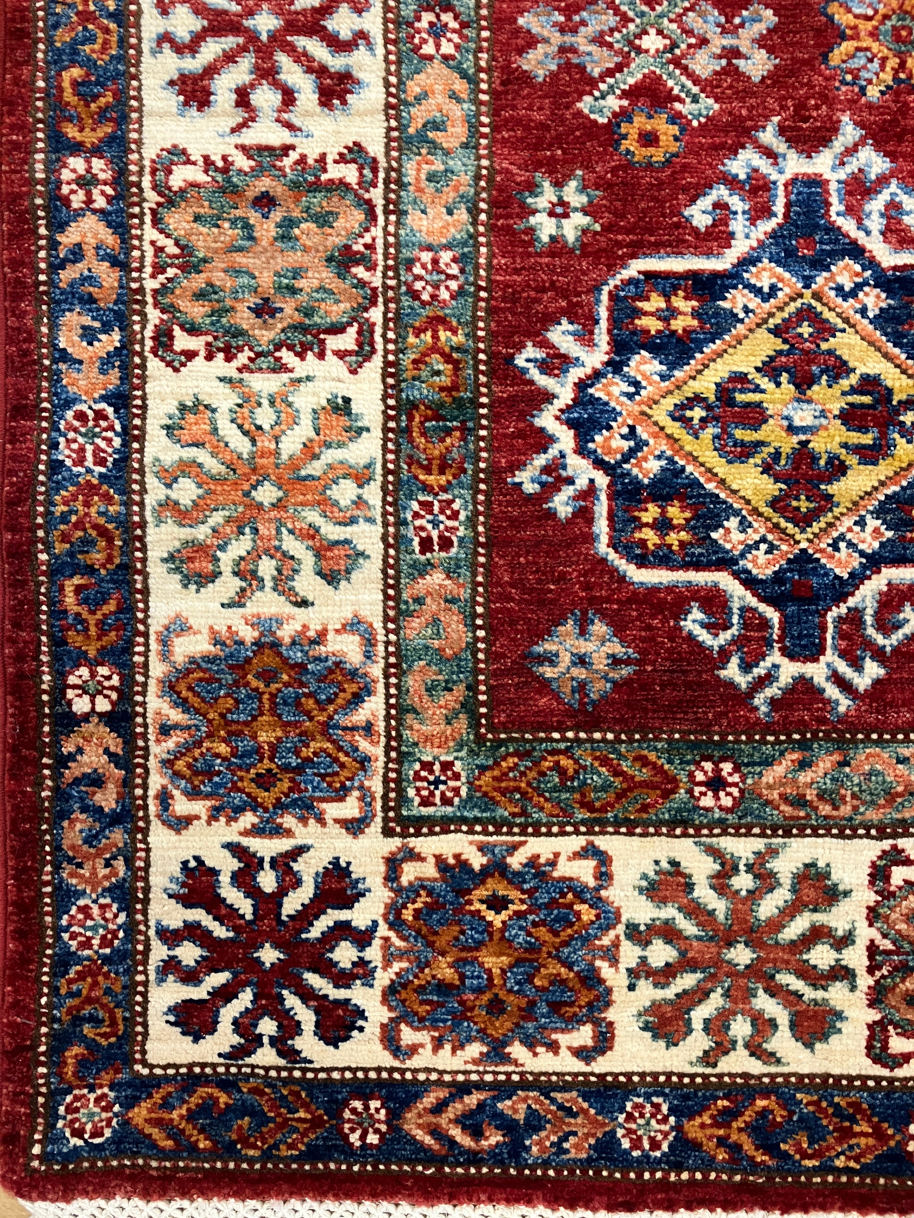 Super Kazak - 4' 00" x 6' 01" - Red Multicolor - Hand Knotted Wool Traditional Classic Super Kazak Rug