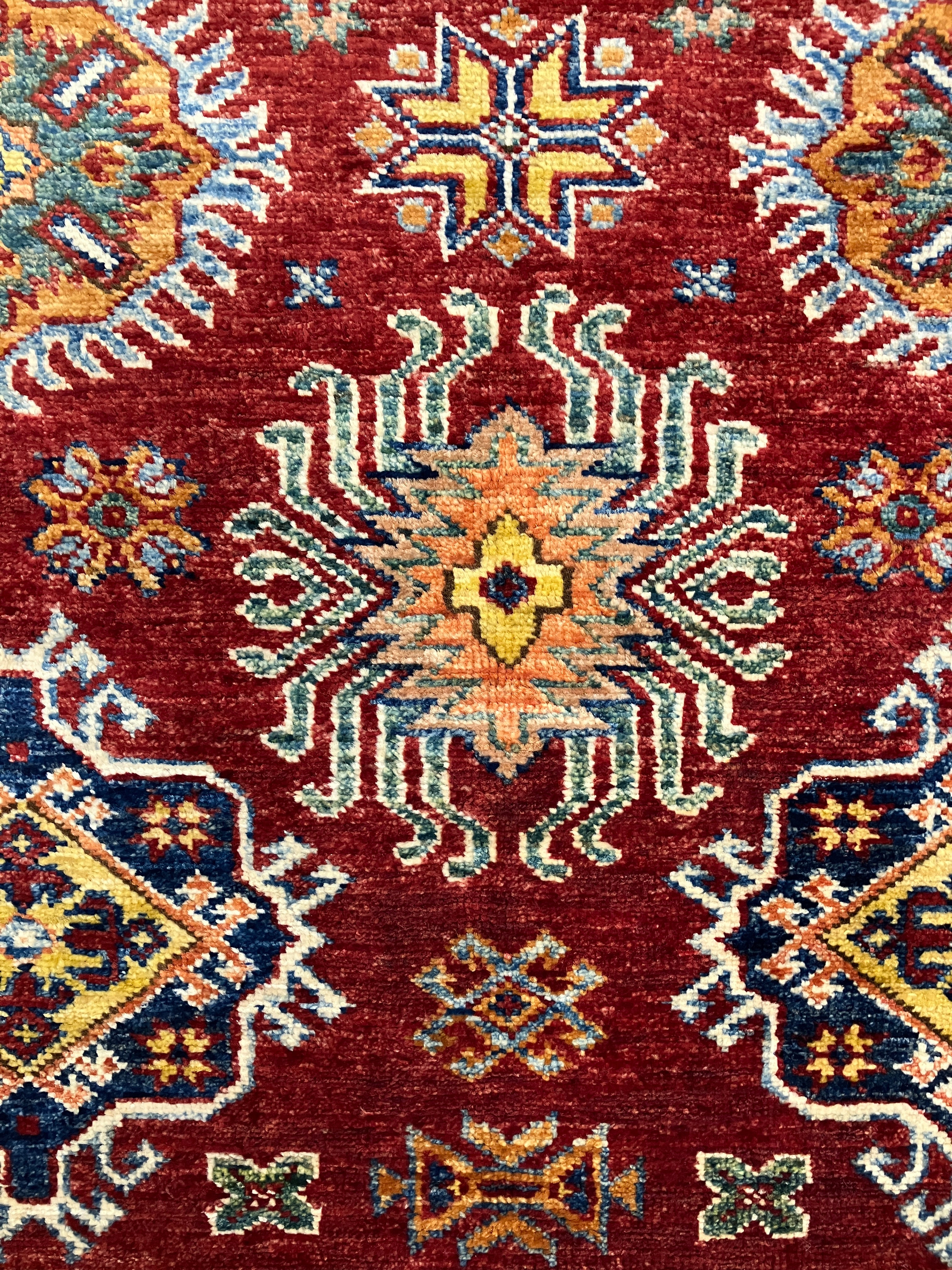 Super Kazak - 4' 00" x 6' 01" - Red Multicolor - Hand Knotted Wool Traditional Classic Super Kazak Rug