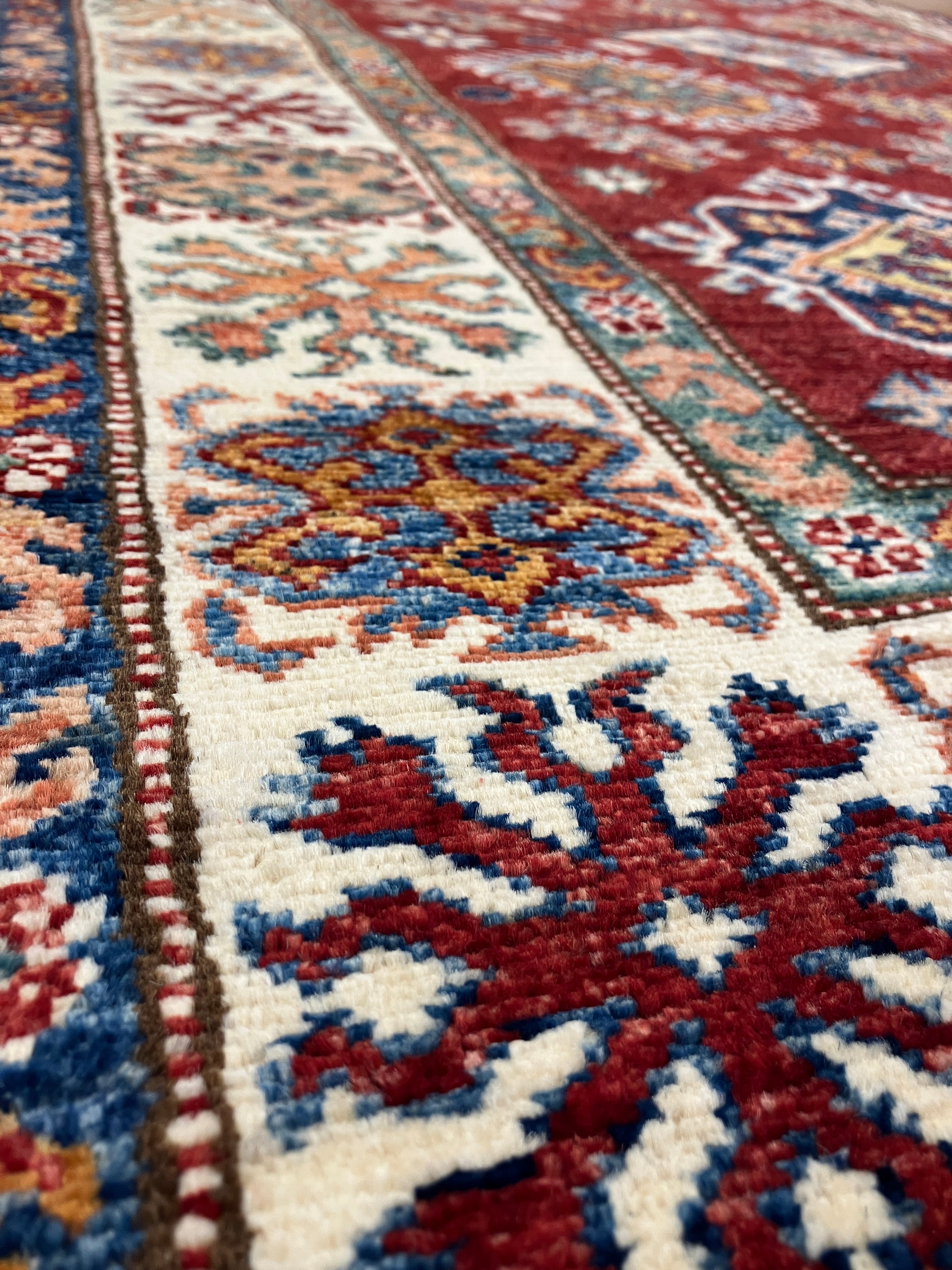 Super Kazak - 4' 00" x 6' 01" - Red Multicolor - Hand Knotted Wool Traditional Classic Super Kazak Rug