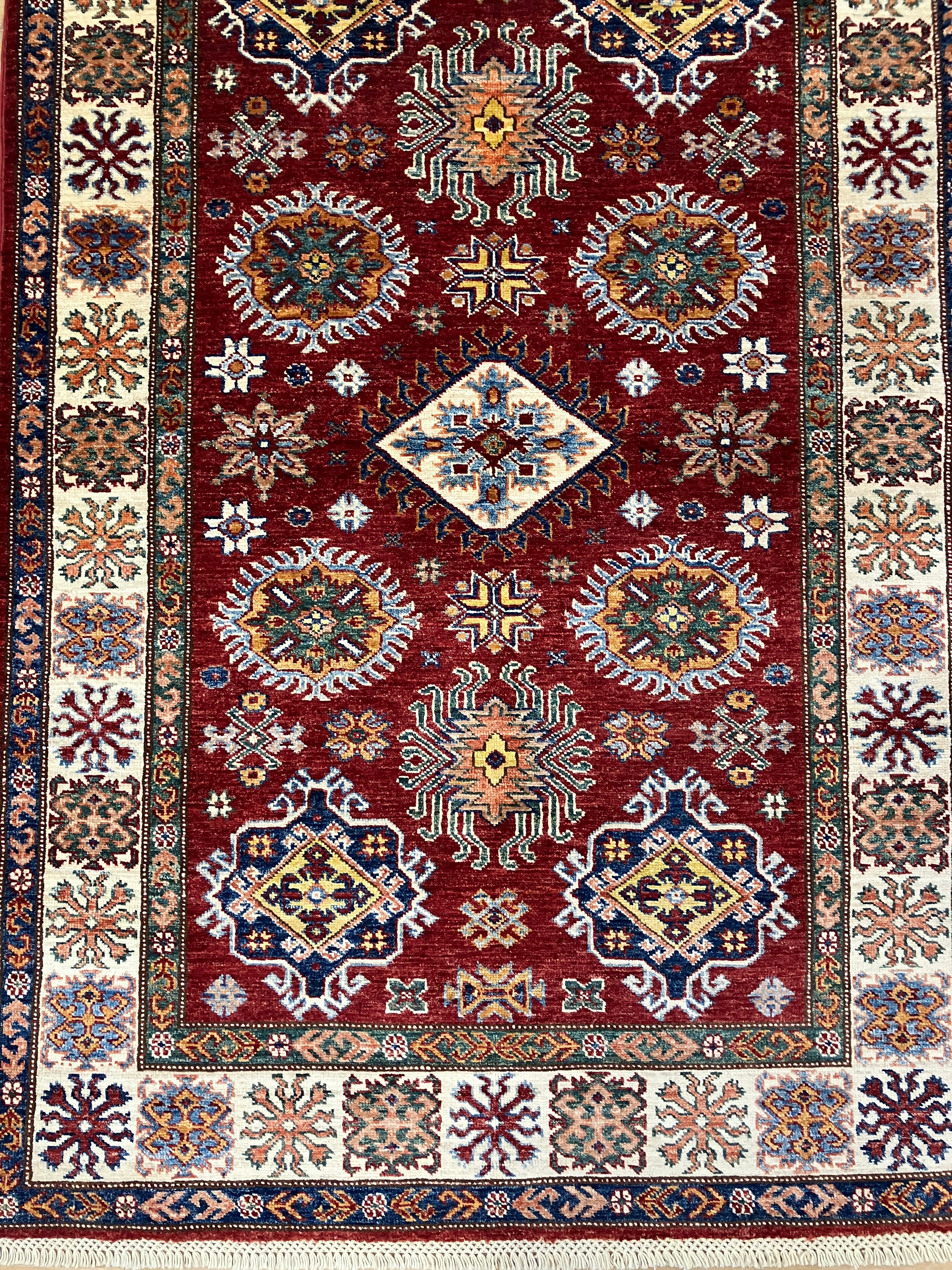 Super Kazak - 4' 00" x 6' 01" - Red Multicolor - Hand Knotted Wool Traditional Classic Super Kazak Rug