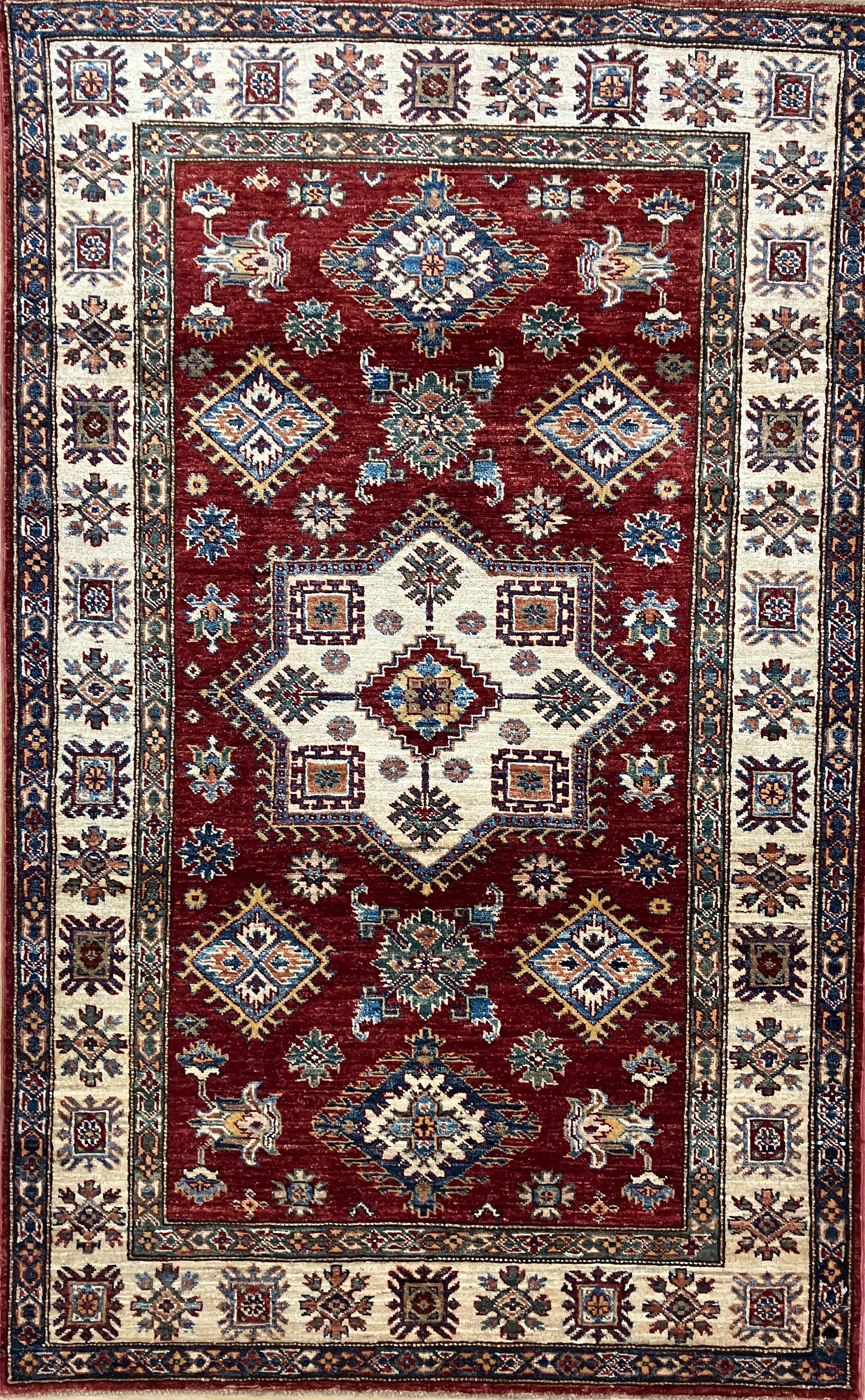 Super Kazak - 4' 00" x 6' 03" - Red Multicolor - Hand Knotted Wool Traditional Classic Super Kazak Rug