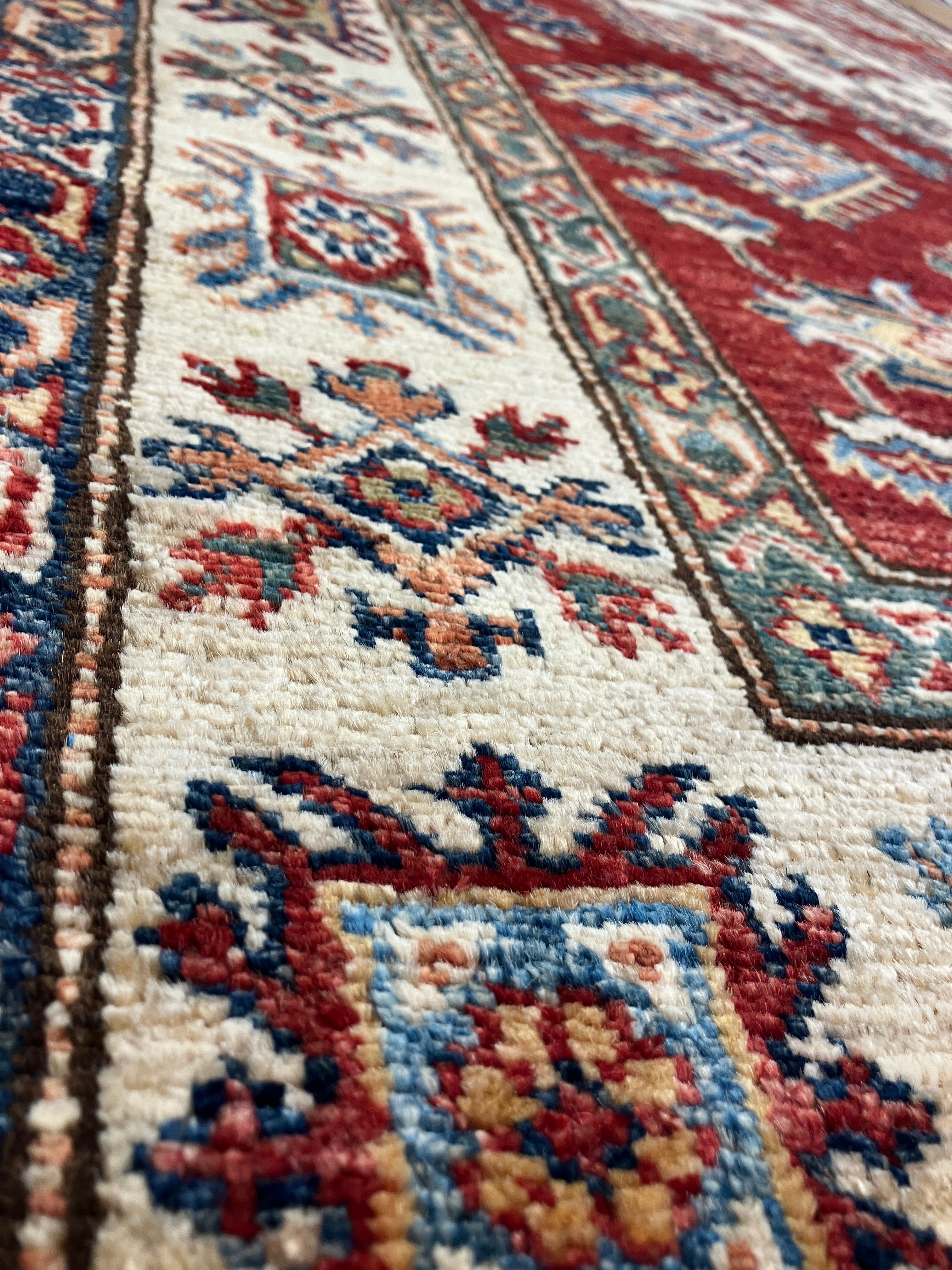 Super Kazak - 4' 00" x 6' 03" - Red Multicolor - Hand Knotted Wool Traditional Classic Super Kazak Rug