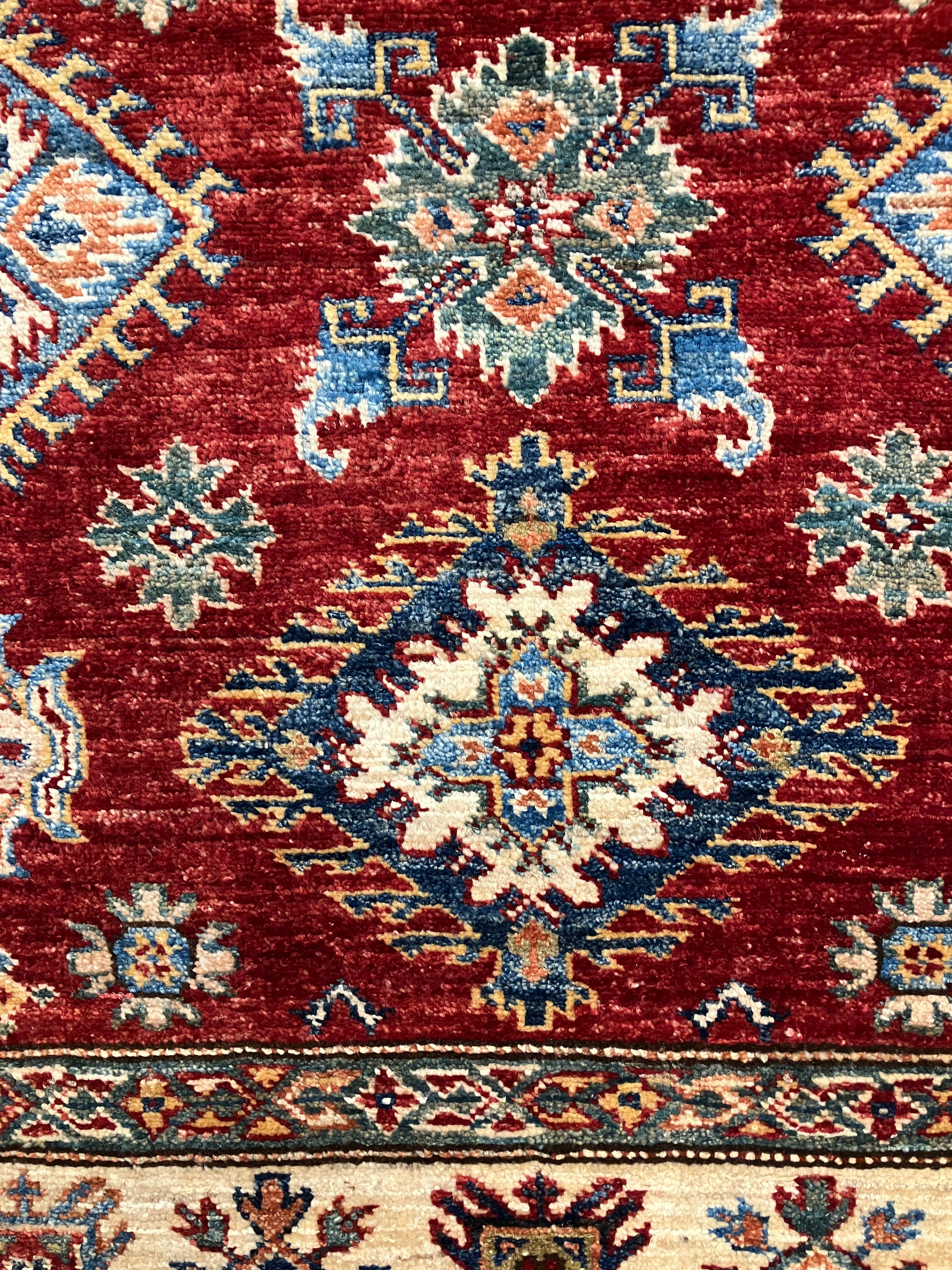 Super Kazak - 4' 00" x 6' 03" - Red Multicolor - Hand Knotted Wool Traditional Classic Super Kazak Rug