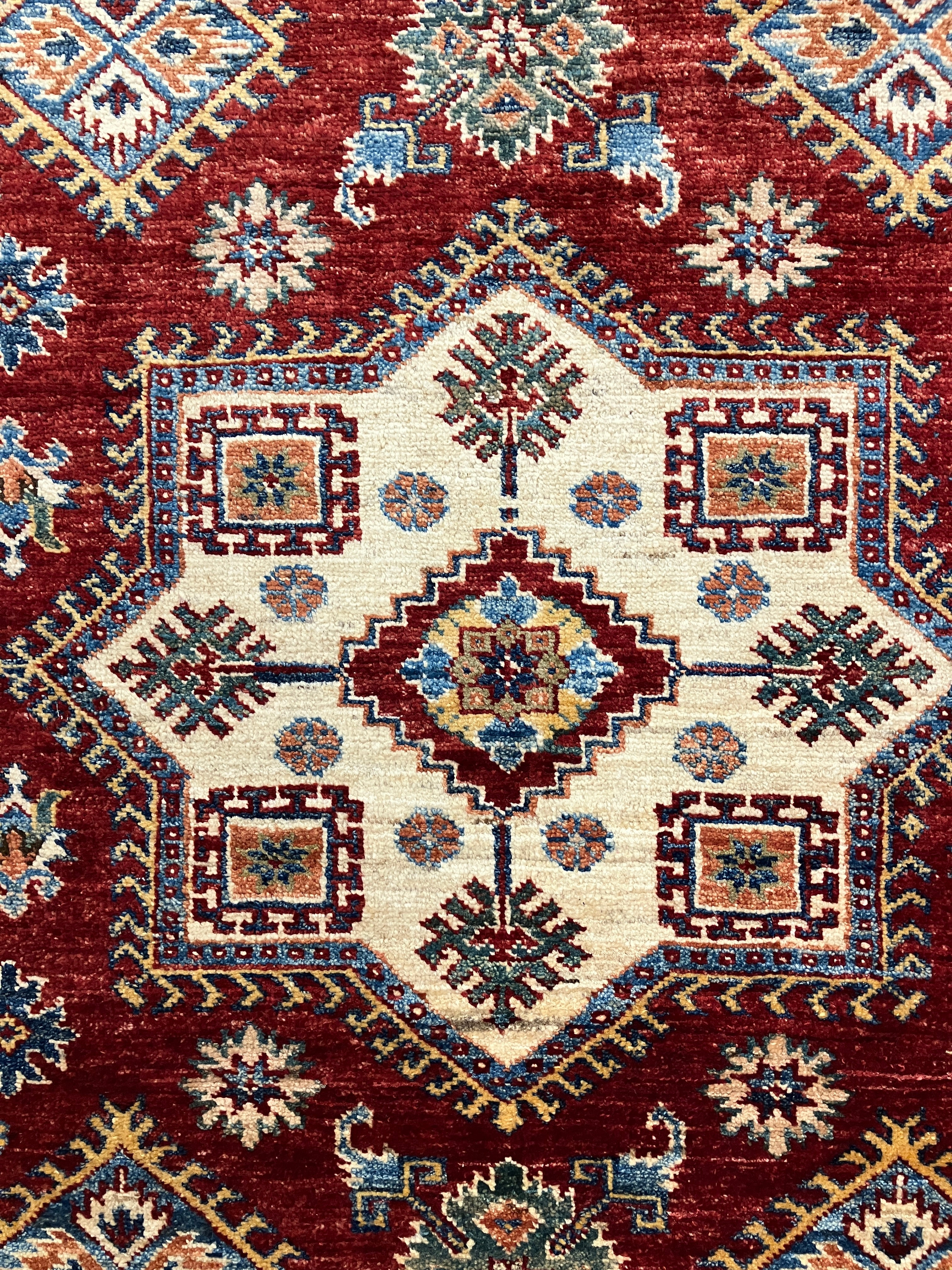 Super Kazak - 4' 00" x 6' 03" - Red Multicolor - Hand Knotted Wool Traditional Classic Super Kazak Rug