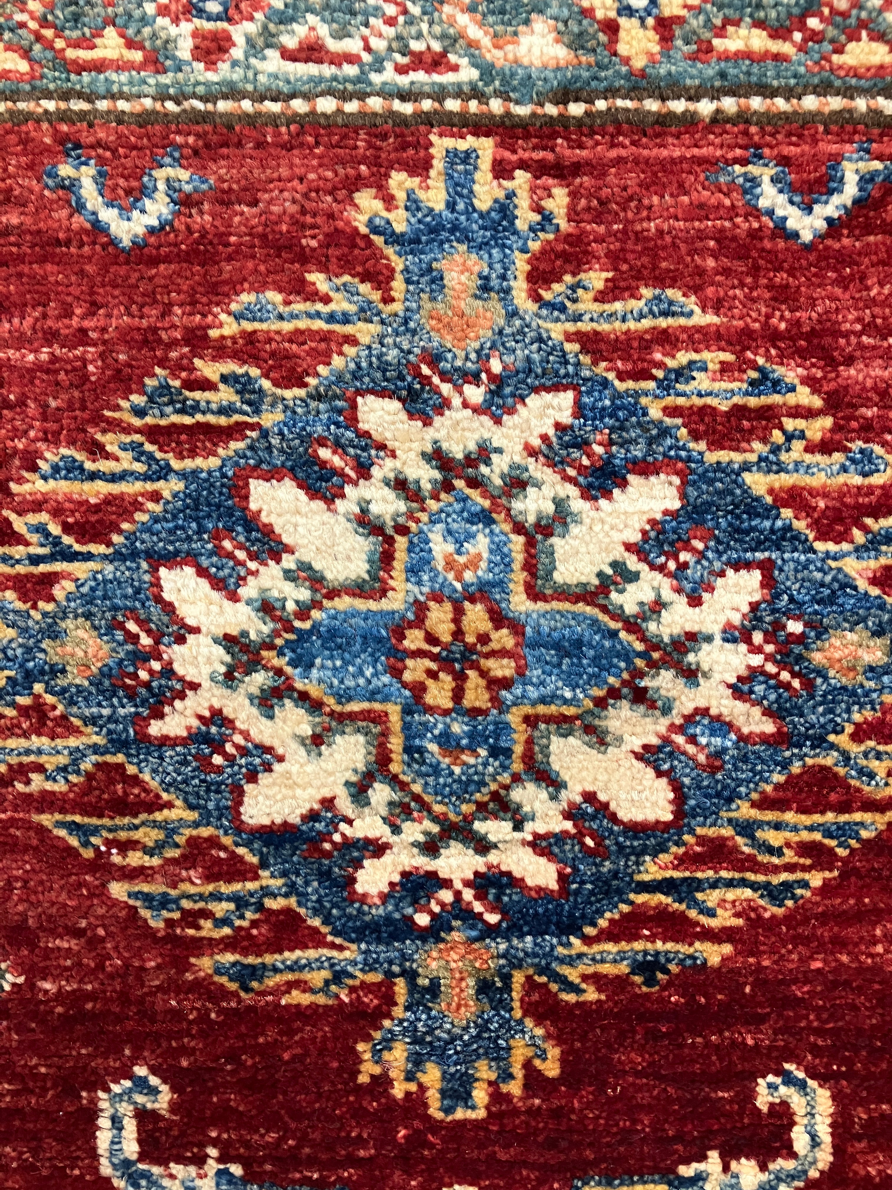 Super Kazak - 4' 00" x 6' 03" - Red Multicolor - Hand Knotted Wool Traditional Classic Super Kazak Rug