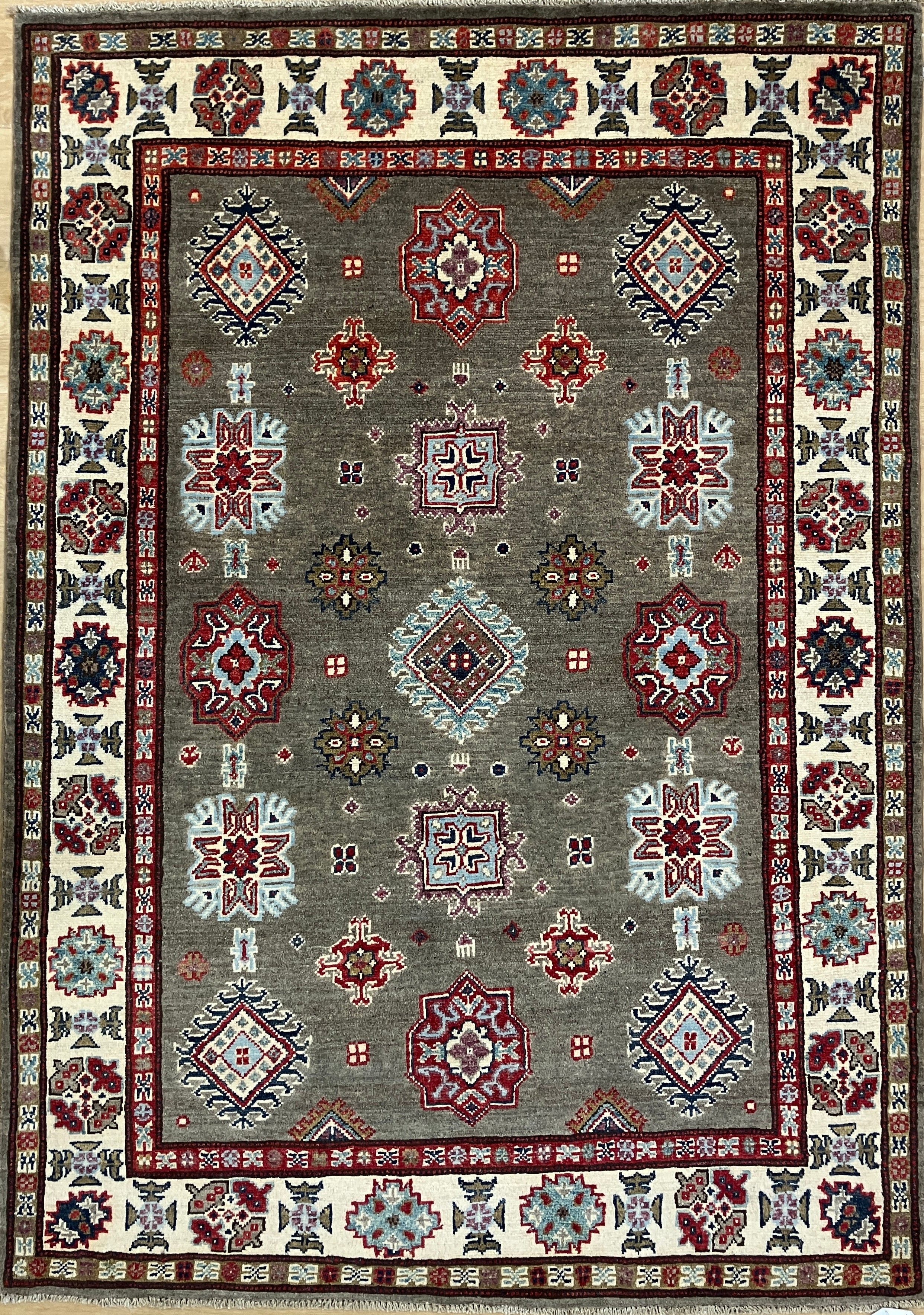 Kazak - 4' 02" x 5' 10" - Grey Ivory Red Blue - Hand Knotted Wool Traditional Classic Kazak Rug