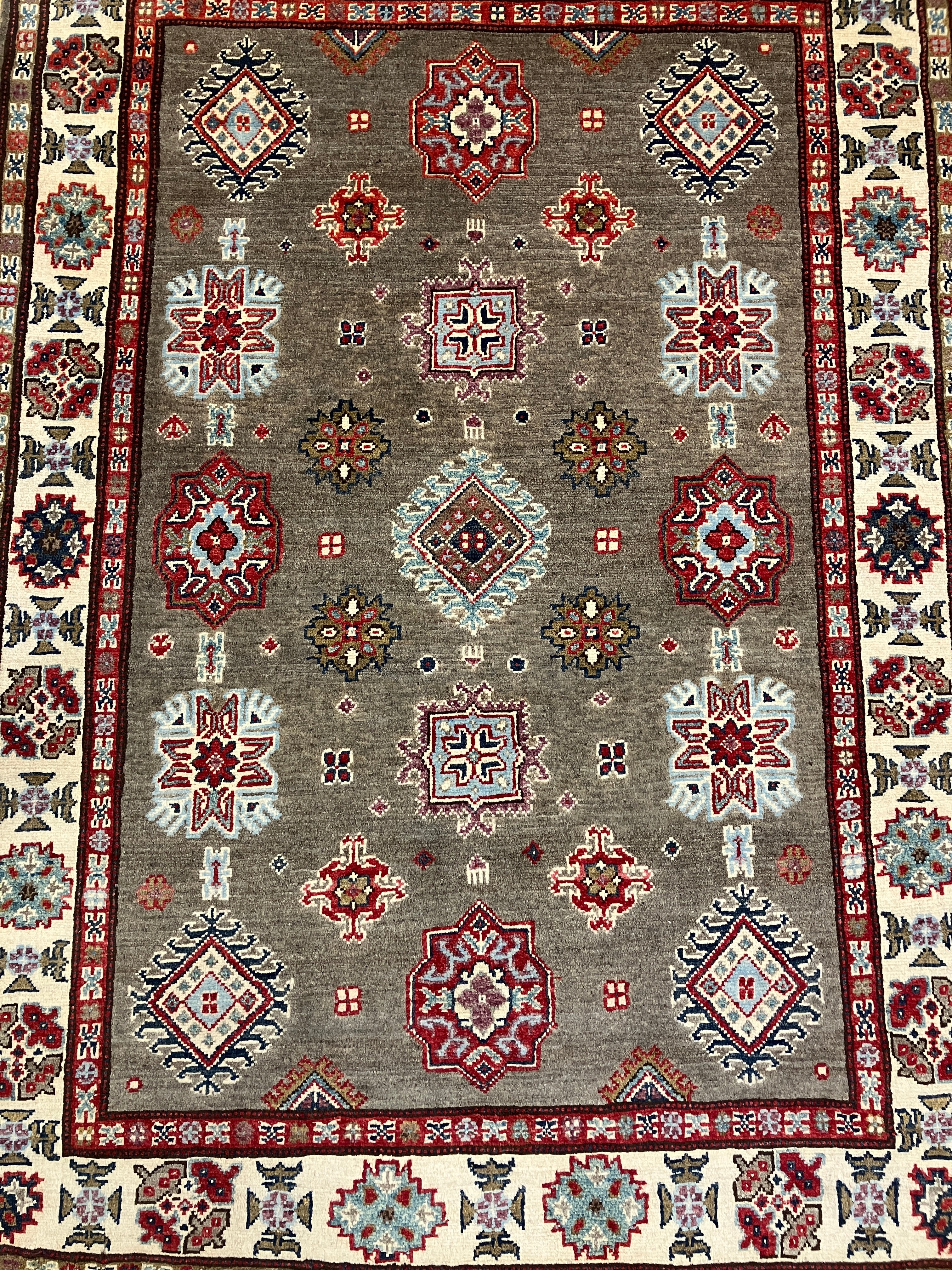 Kazak - 4' 02" x 5' 10" - Grey Ivory Red Blue - Hand Knotted Wool Traditional Classic Kazak Rug