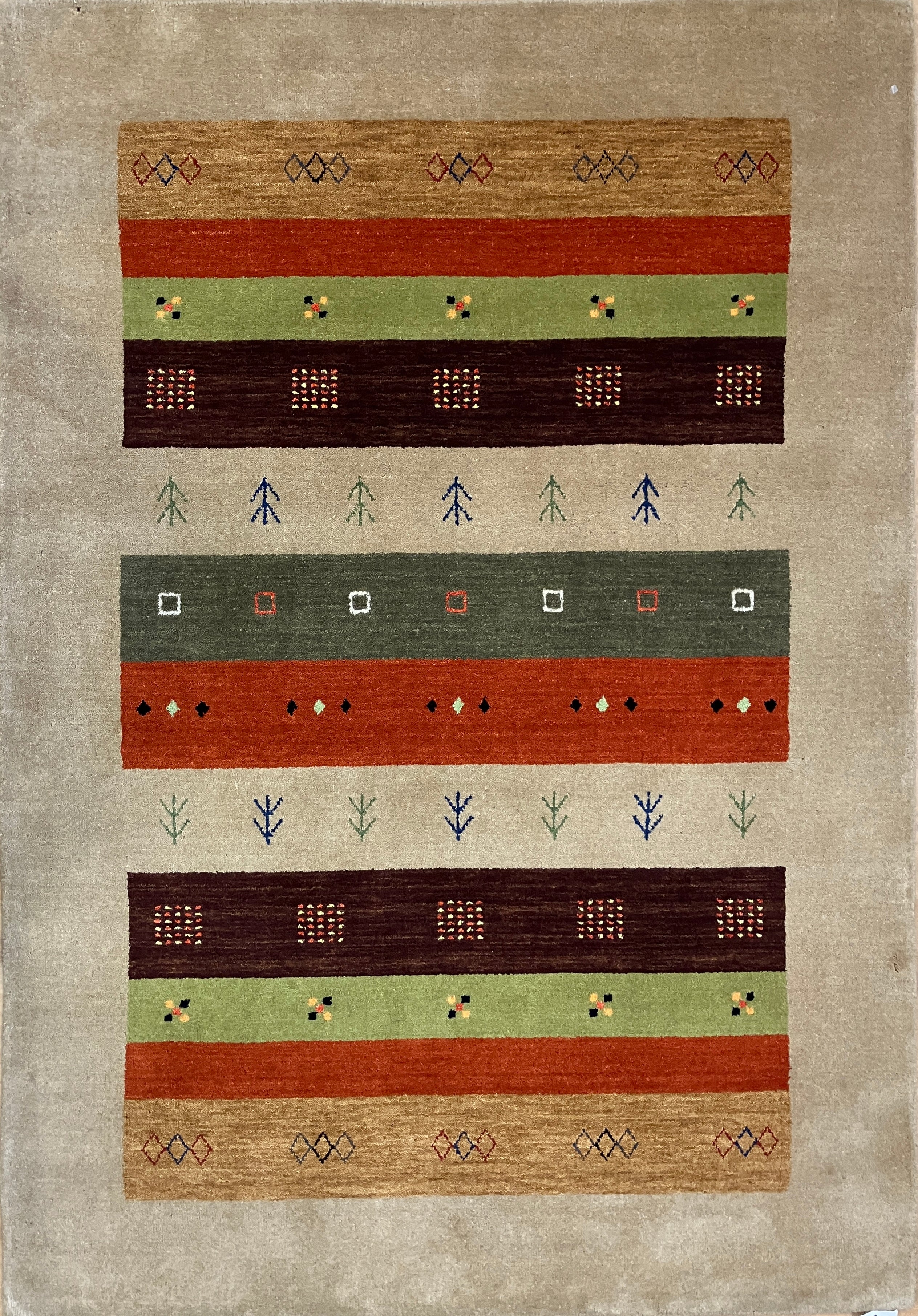 Gabbeh - 4' 02" x 6' 00" - Beige Green Brown Rust Multicolor - Hand Knotted Tribal Rustic Wool Rug