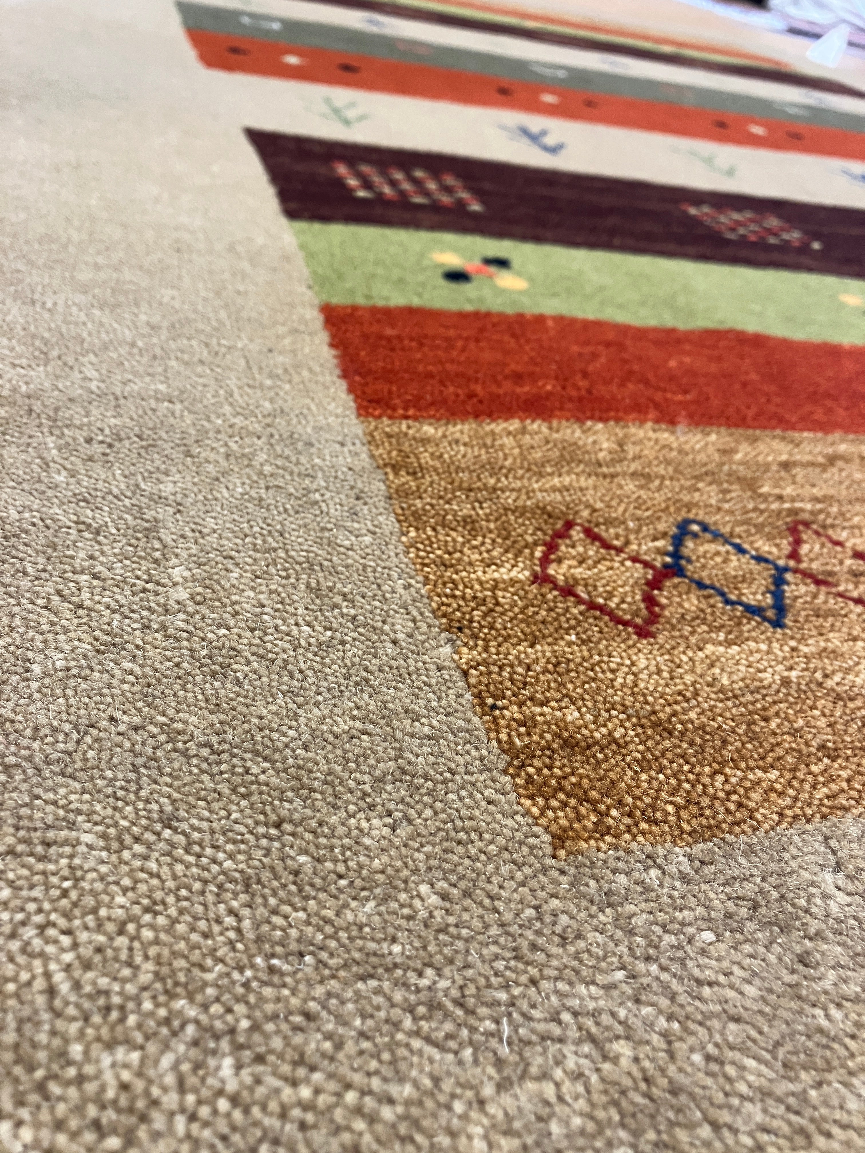 Gabbeh - 4' 02" x 6' 00" - Beige Green Brown Rust Multicolor - Hand Knotted Tribal Rustic Wool Rug