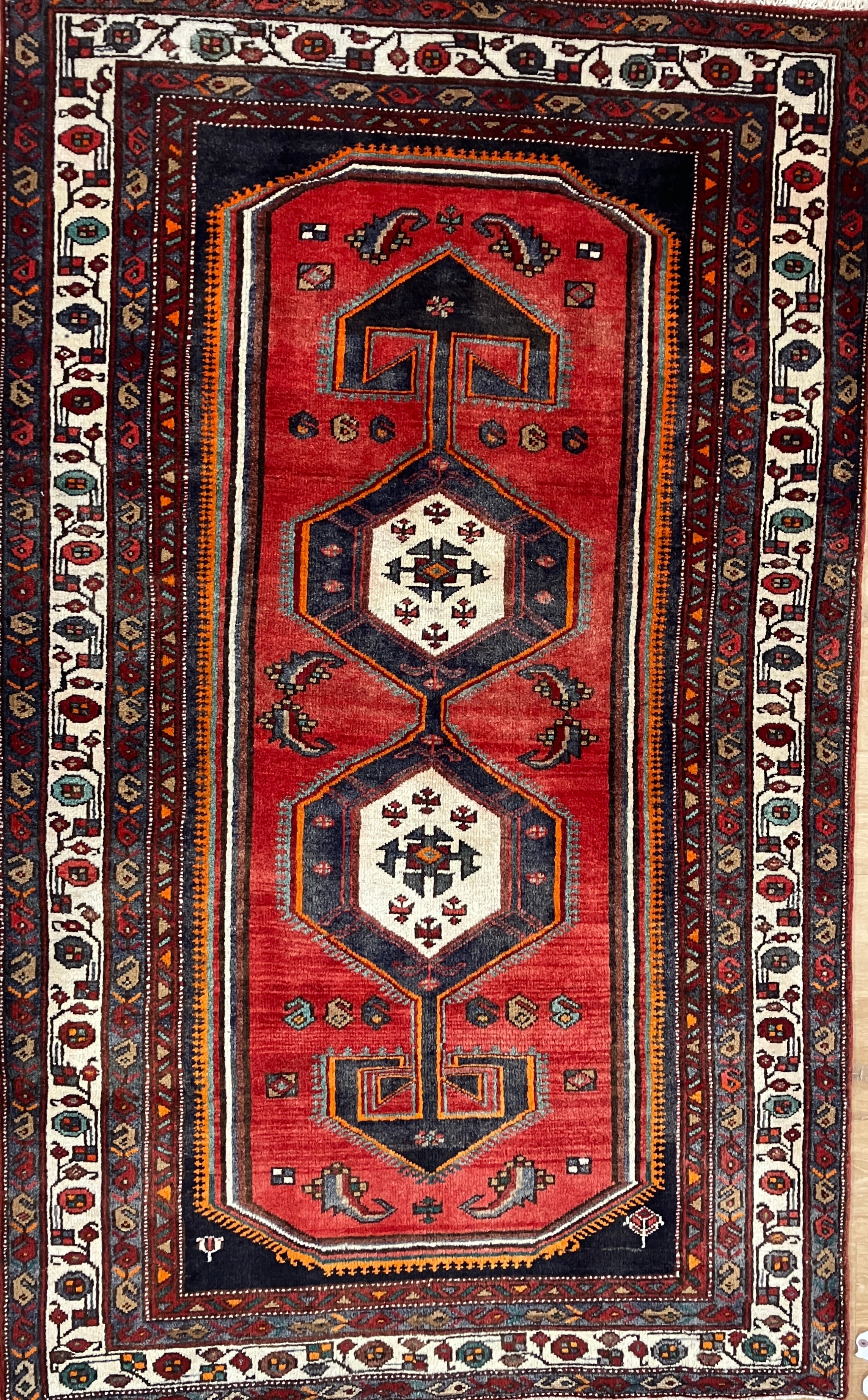 Persian Meshkin - 4' 01" x 6' 07" - Red Multicolor - Hand Knotted Tribal Rustic Nomad Wool Rug