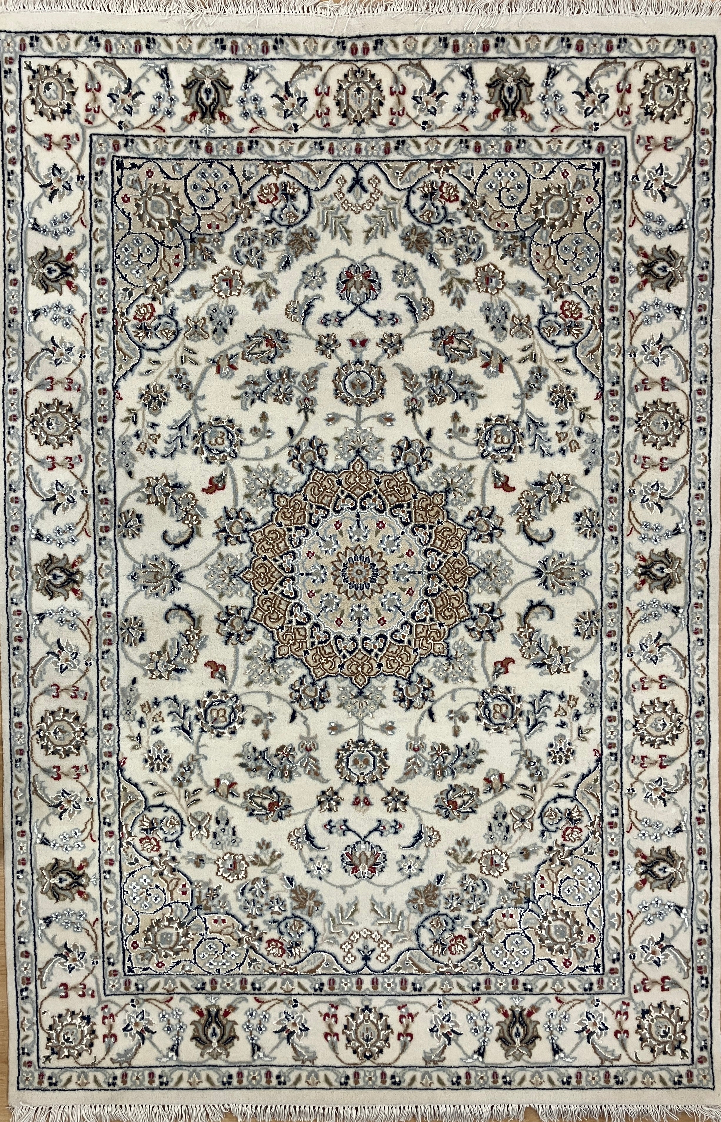 Nain Wool & Silk - 4' 03" x 6' 03" - Ivory Blue Multicolor  - Hand Knotted Traditional Classic Nain Wool Rug