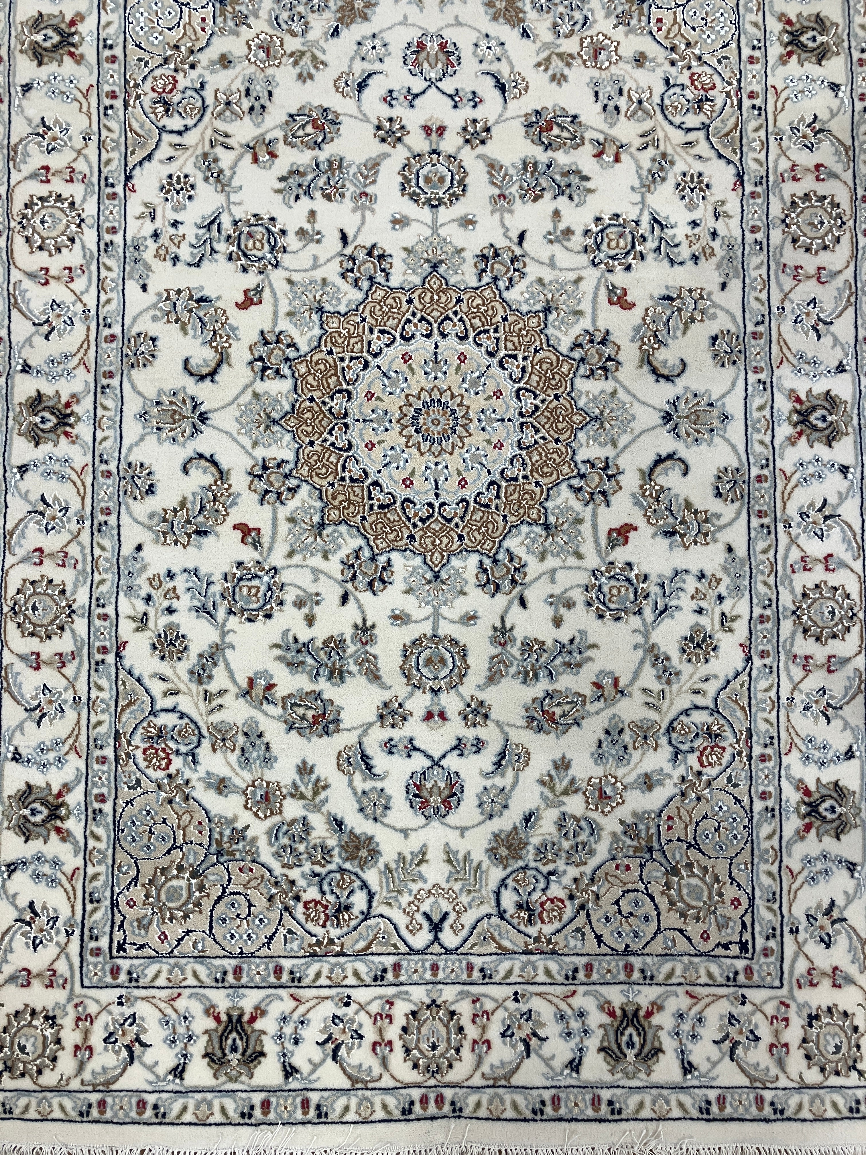 Nain Wool & Silk - 4' 03" x 6' 03" - Ivory Blue Multicolor  - Hand Knotted Traditional Classic Nain Wool Rug