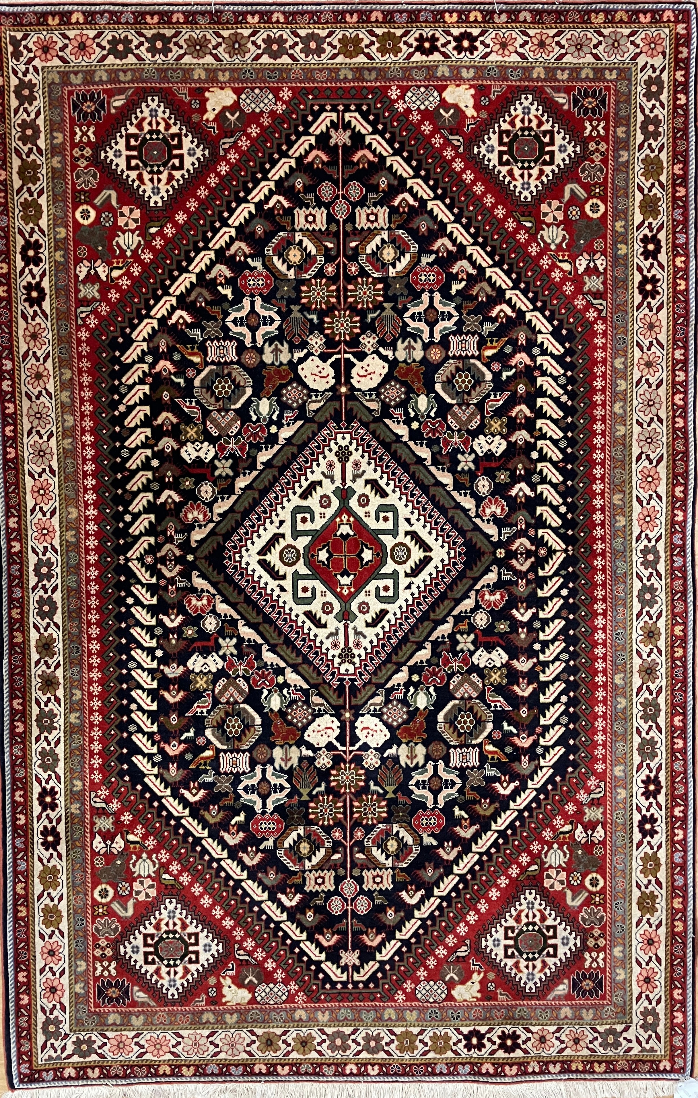 Persian Kashkouly - 4' 02" x 6' 05" - Red Blue Animal Pictorial Multicolor - Hand Knotted Rustic Classic Wool Rug