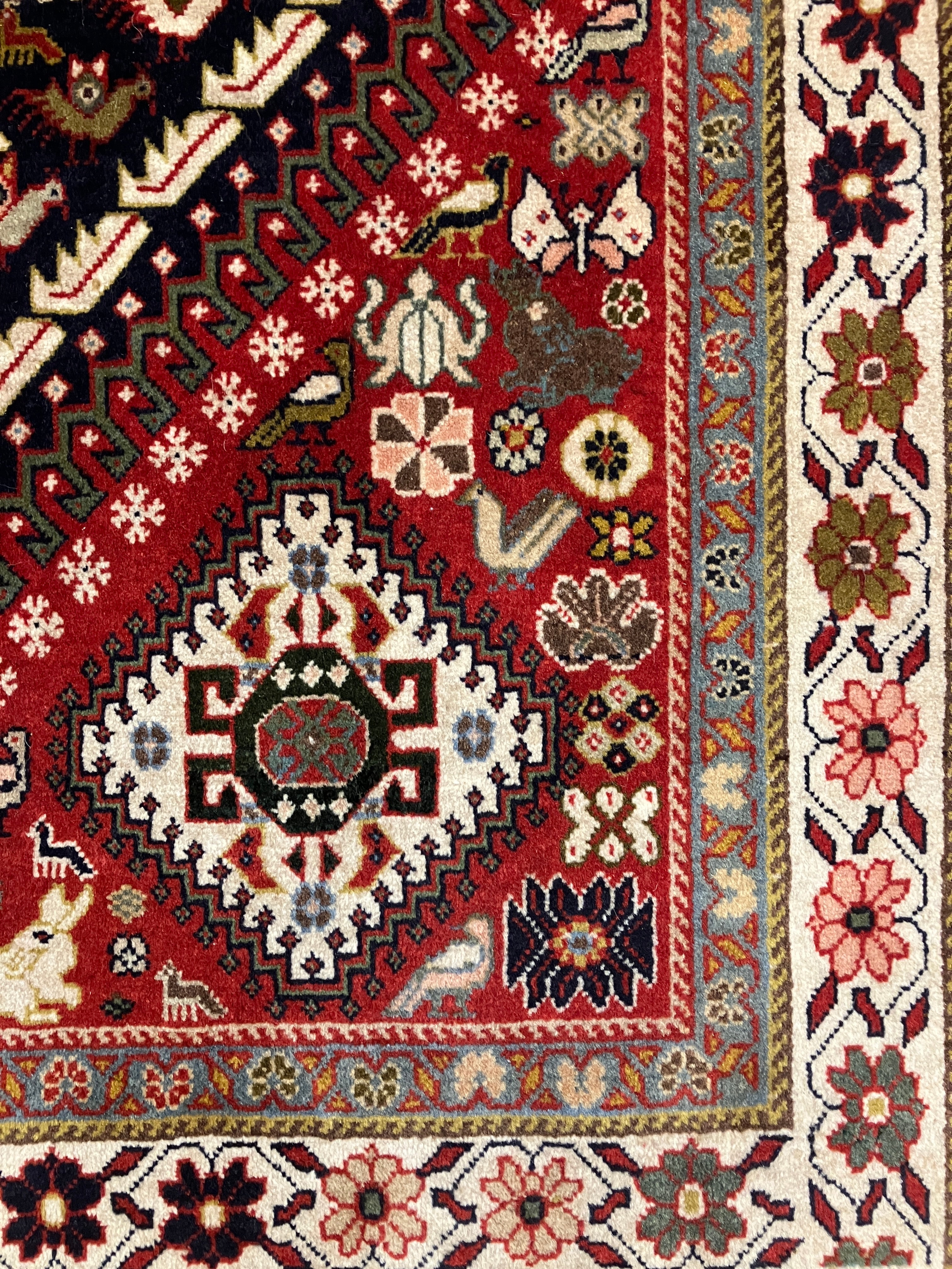 Persian Kashkouly - 4' 02" x 6' 05" - Red Blue Animal Pictorial Multicolor - Hand Knotted Rustic Classic Wool Rug