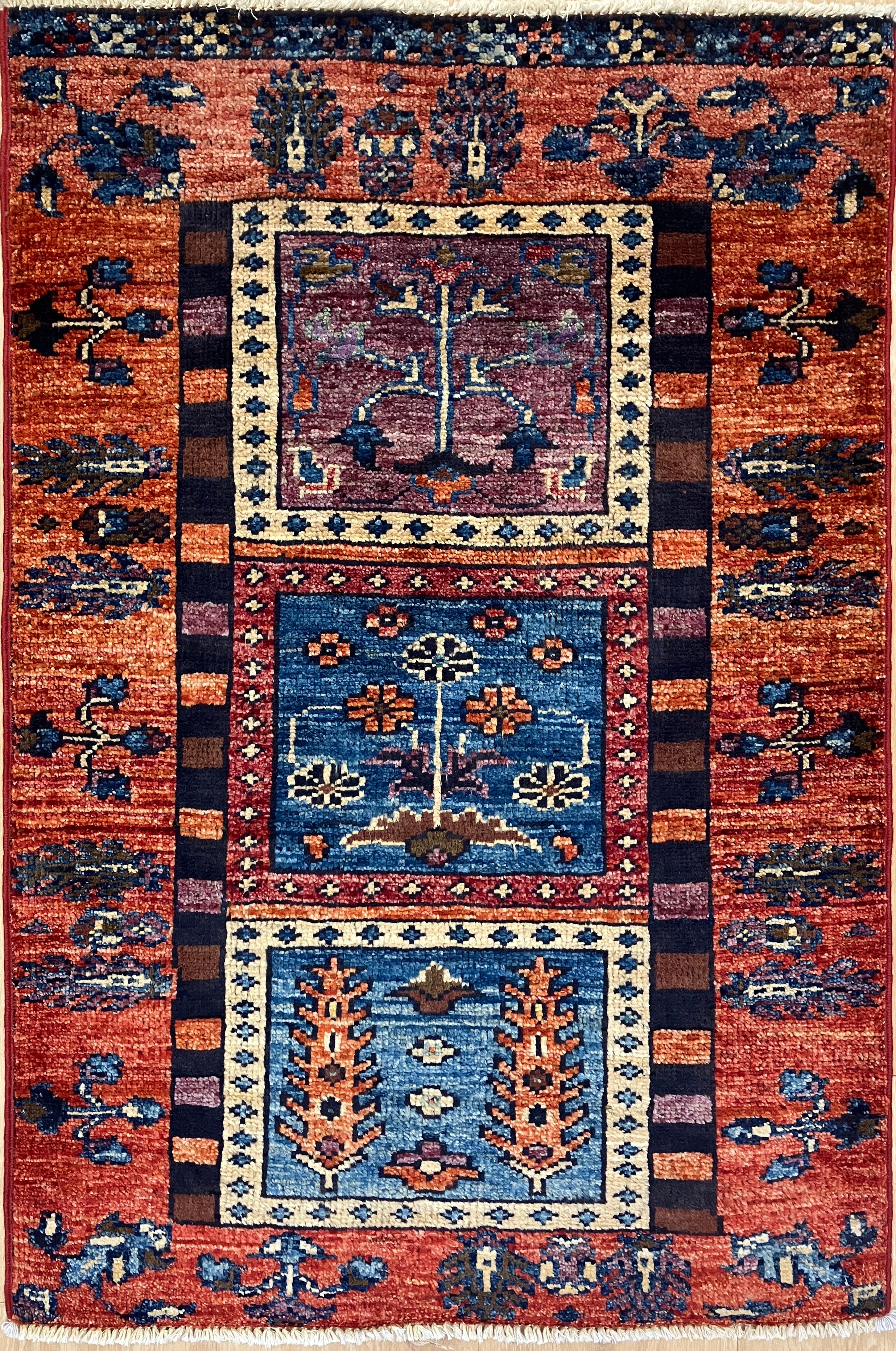 Nirvana Collection - 2' x 3' Rug - Rust & Blue Trees - Hand Knotted Traditional Classic Wool Rug