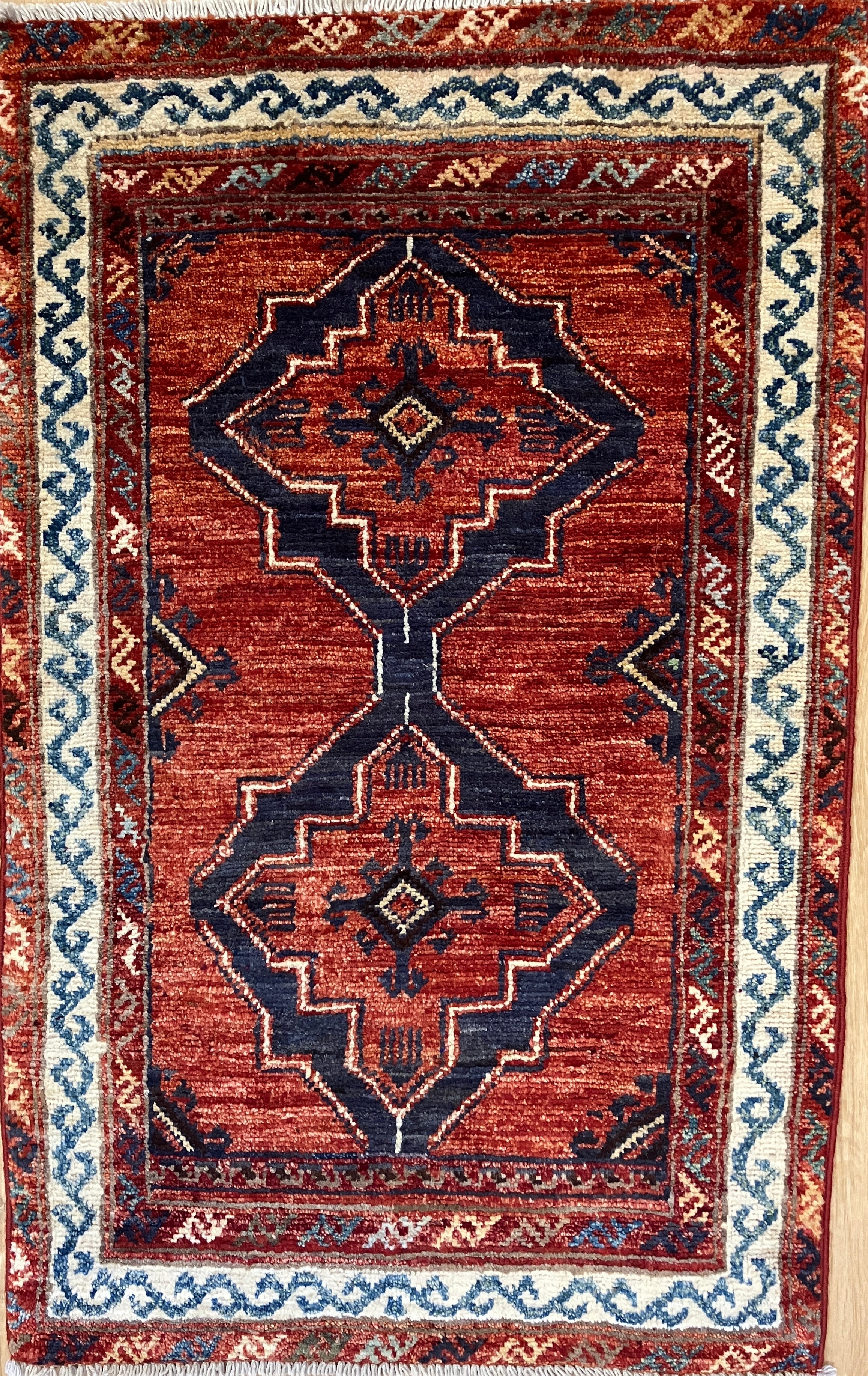 Nirvana Collection - 2' x 3' Rug - Red Rust & Blue Geometric - Hand Knotted Traditional Classic Wool Rug
