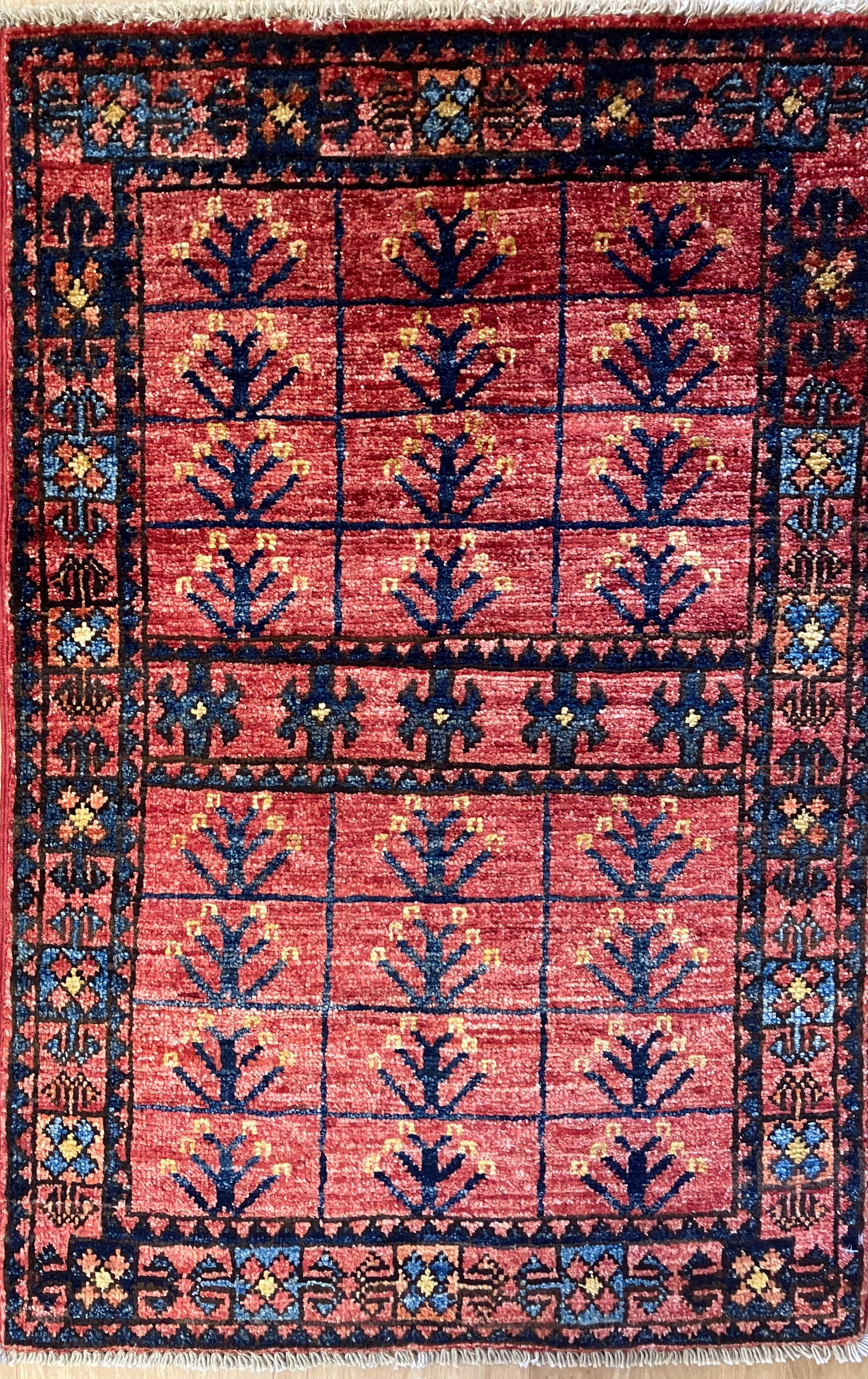 Nirvana Collection - 2' x 3' Rug - Red & Blue Trees - Hand Knotted Traditional Classic Wool Rug